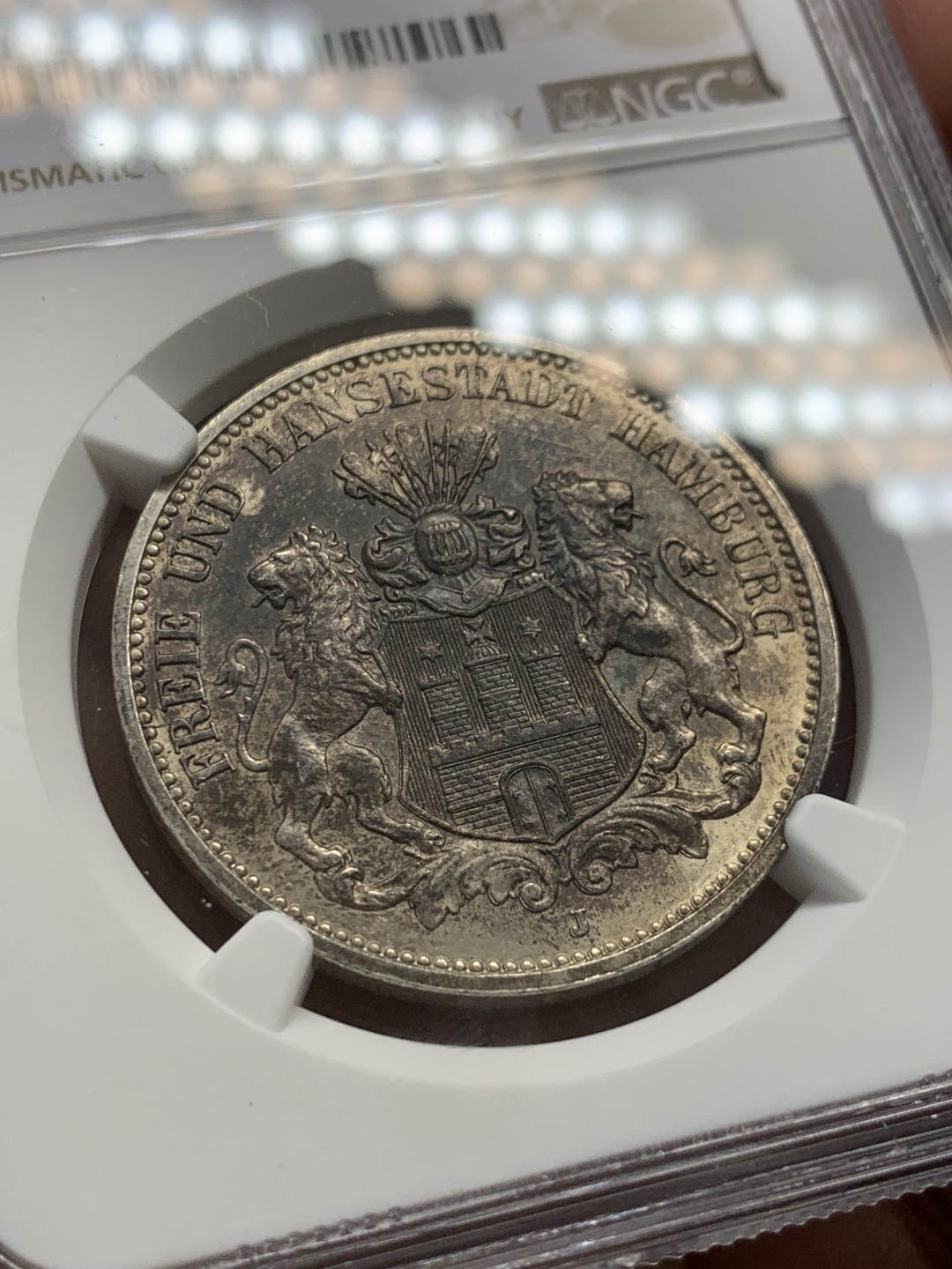 《竞宝斋》第131场-周日，周一连拍 (全场包邮) NGC MS62 1909年德国汉堡三马克黑彩原味品银币