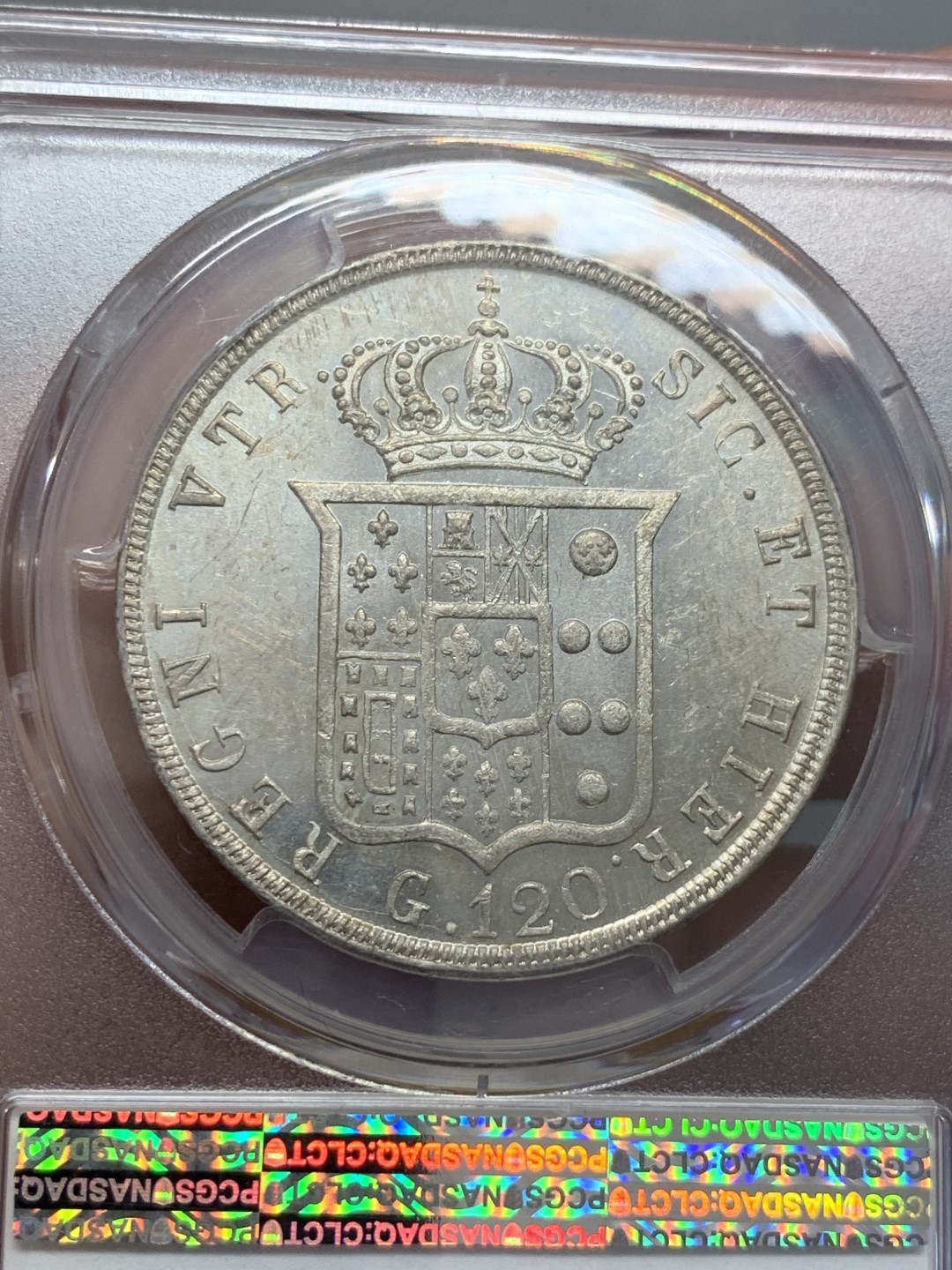 《竞宝斋》第131场-周日，周一连拍 (全场包邮) PCGS唯一冠军分-MS62 意大利那不勒斯&西西里 1844年 120G 银币 很少见年份 几乎无减重痕 十分难得