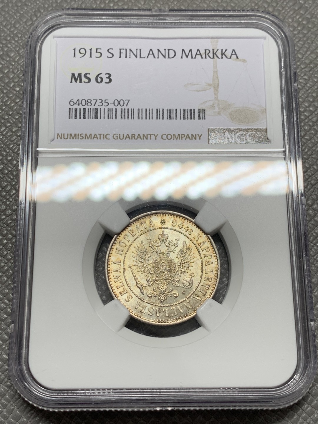 《竞宝斋》第131场-周日，周一连拍 (全场包邮) NGC-MS63 俄属芬兰1915年 双头鹰1马克 银币 五彩包浆 顶级品相