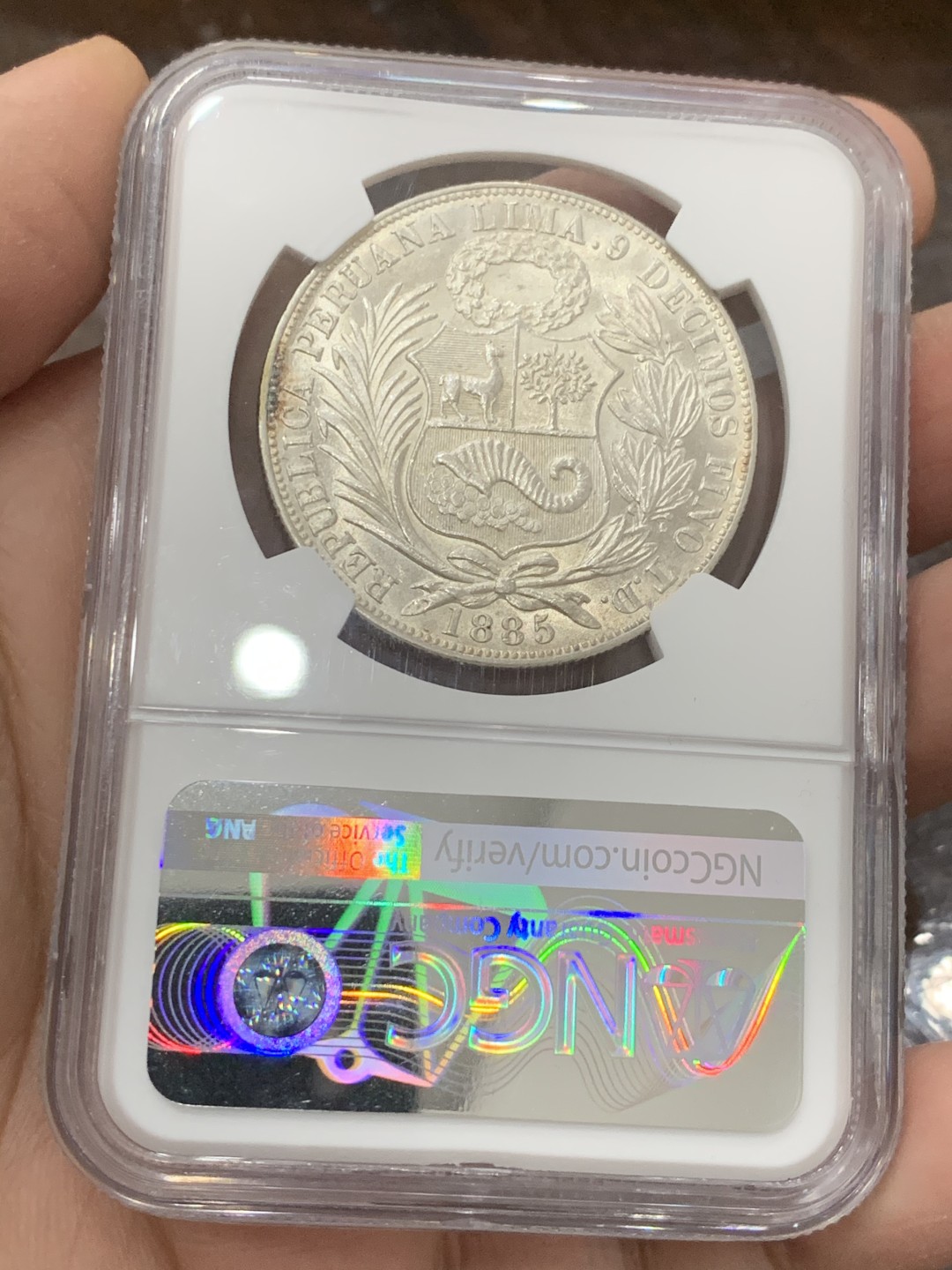 《竞宝斋》第131场-周日，周一连拍 (全场包邮) NGC-MS62 秘鲁 1885年 1索尔 银币 热门中南美 镜面底板 厂别骑字