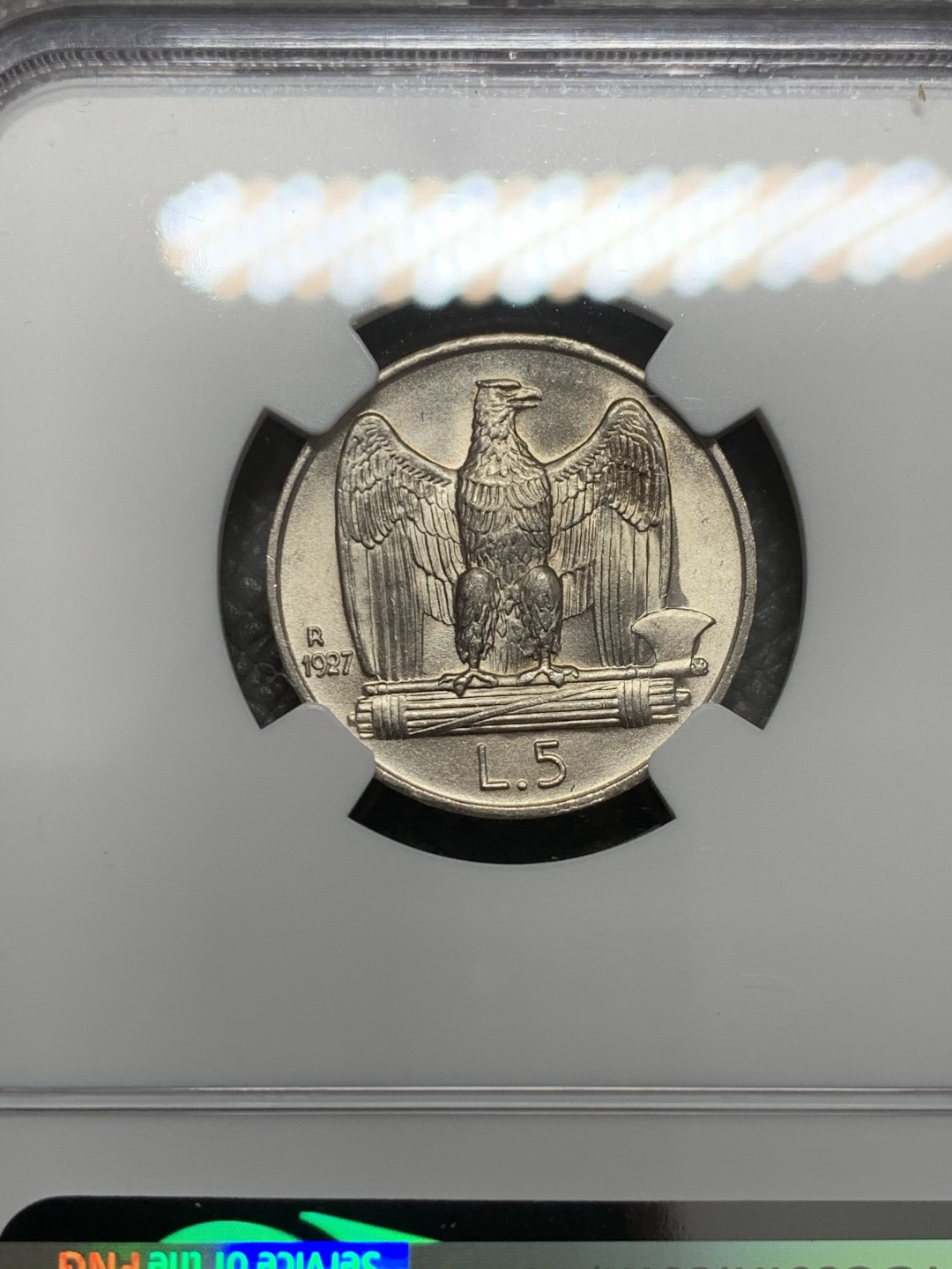 《竞宝斋》第131场-周日，周一连拍 (全场包邮) NGC-UNC 意大利1927年老鹰5里拉银币 **fert** 双星版 比较少见