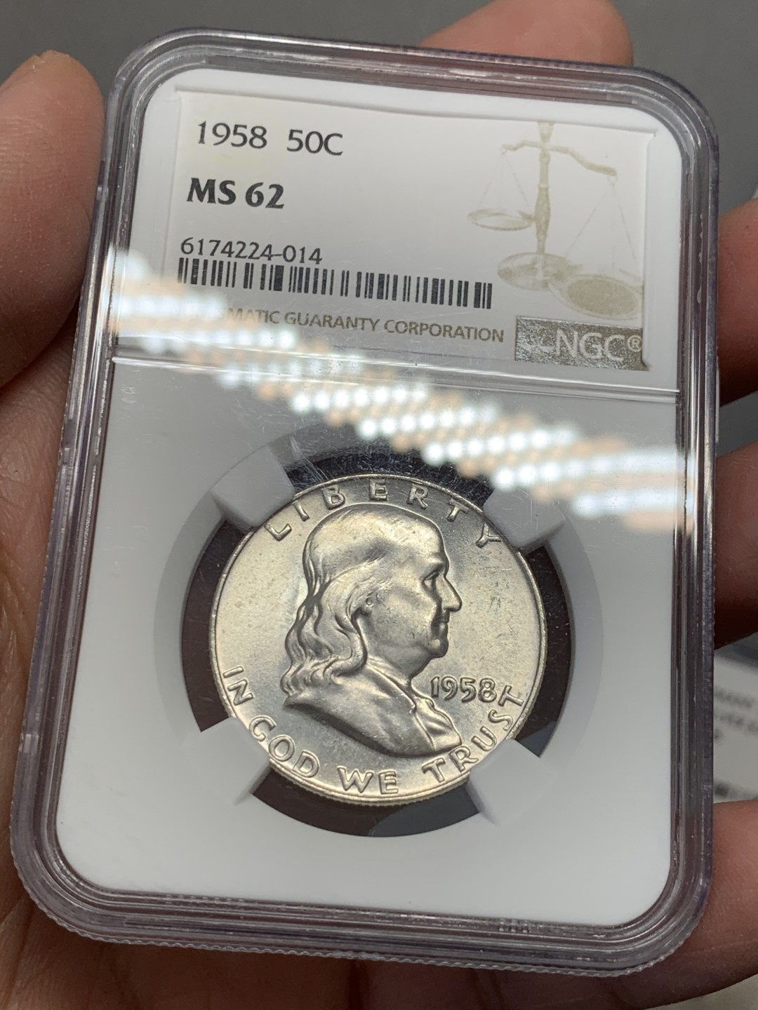 《竞宝斋》第131场-周日，周一连拍 (全场包邮) NGC MS62 美国 1958年 富兰克林半美银币