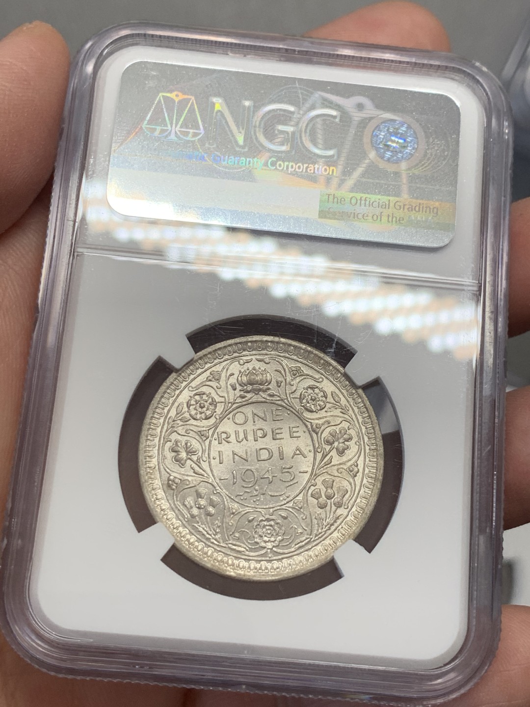 《竞宝斋》第131场-周日，周一连拍 (全场包邮) NGC-MS61 印度 1945年1卢比 银币 乔五 批量送评回来 南亚币潜力巨大