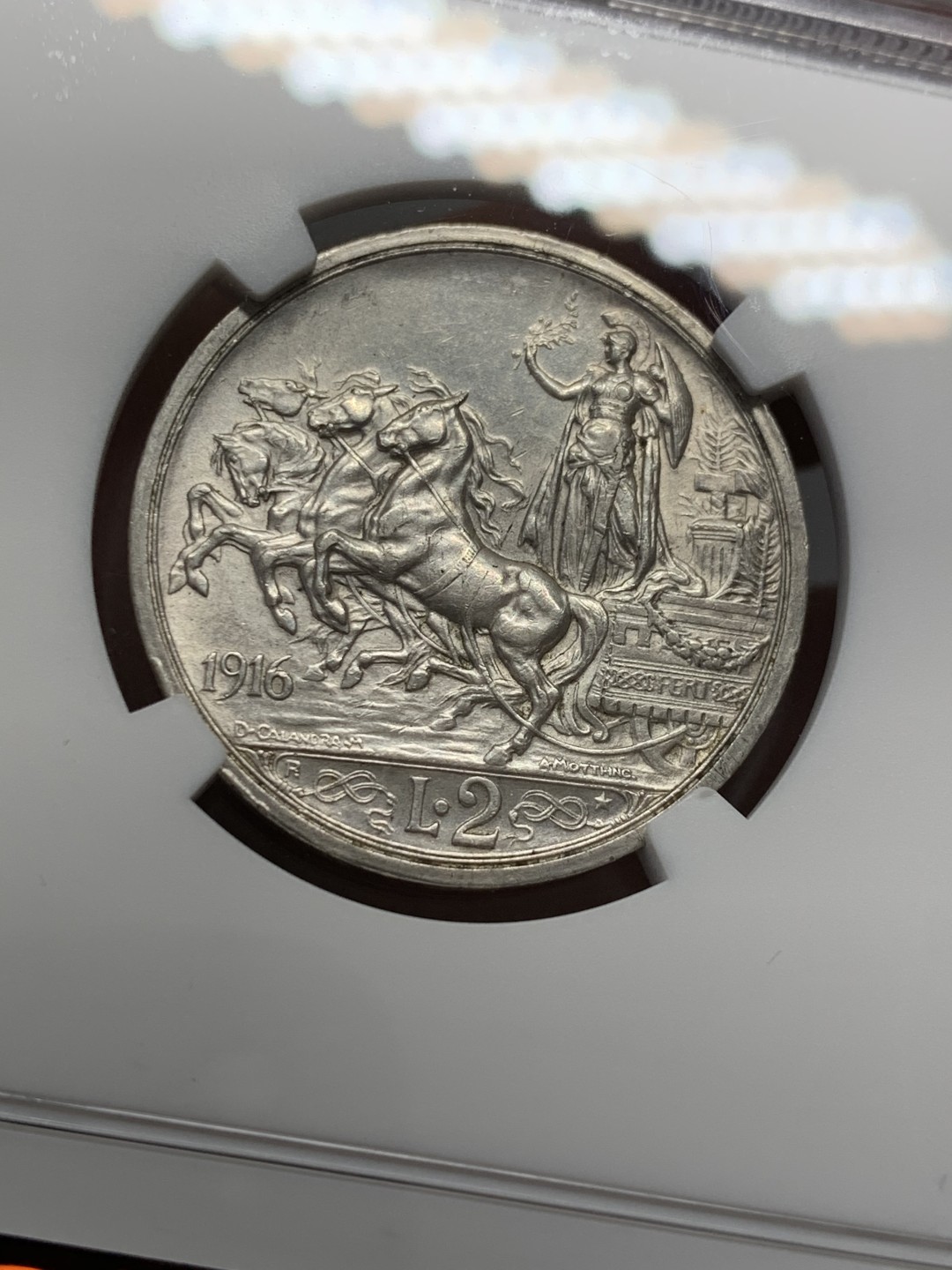 《竞宝斋》第131场-周日，周一连拍 (全场包邮) NGC-AU58 意大利1916年 胜利马车 2里拉银币