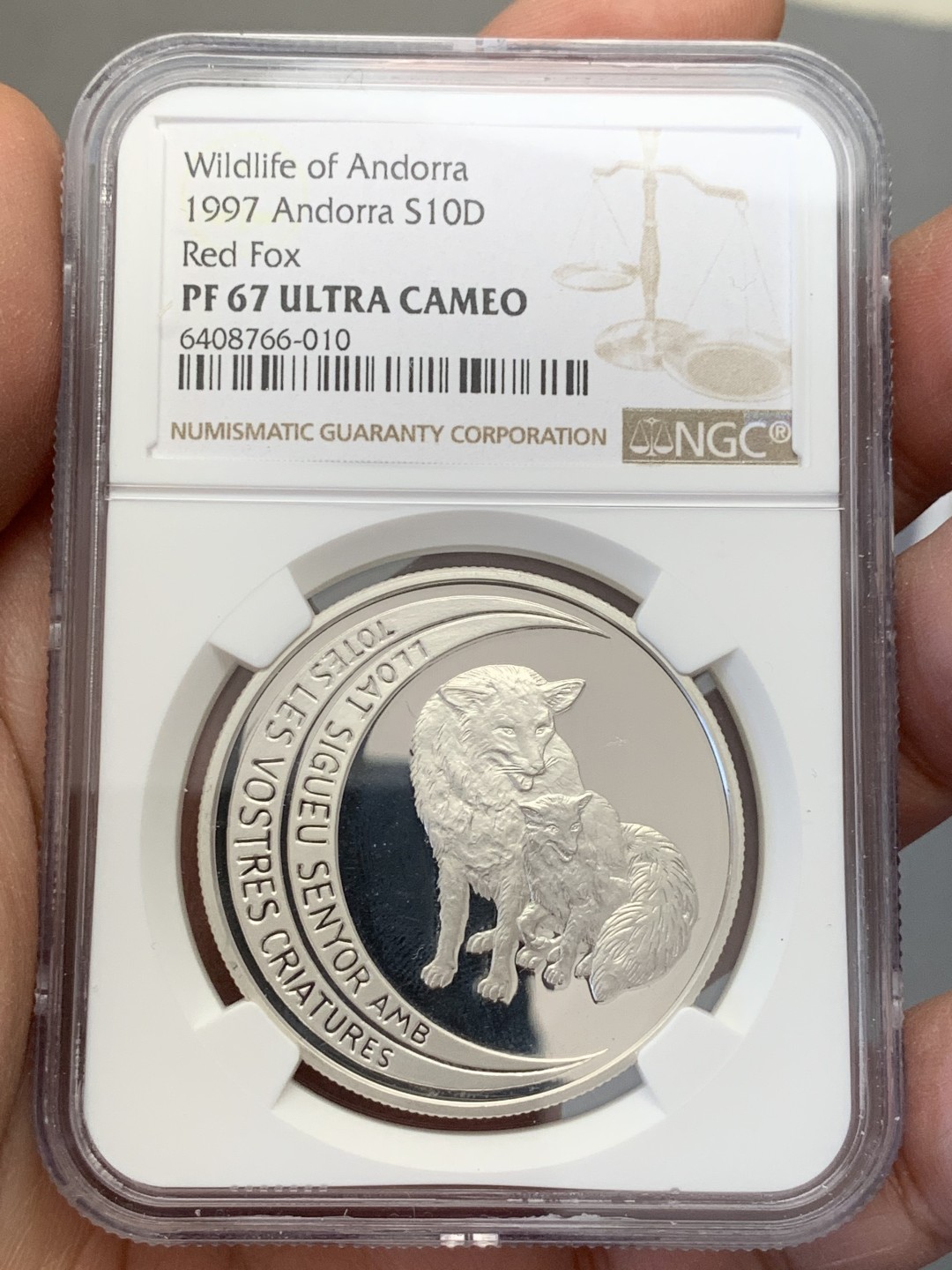 《竞宝斋》第131场-周日，周一连拍 (全场包邮) NGC-PF67 安道尔1997年 保护动物系列红狼母子 10第纳尔精制大银币