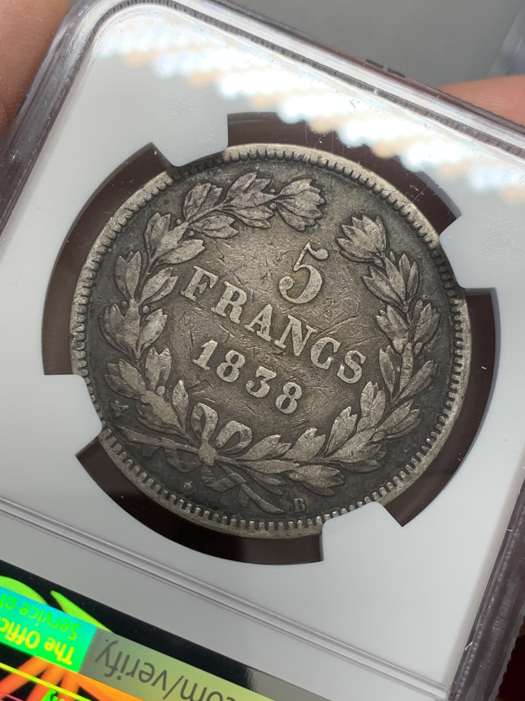 《竞宝斋》第131场-周日，周一连拍 (全场包邮) NGC-VF30 法国 1838年B版 菲利普 5法郎 银币 原味包浆