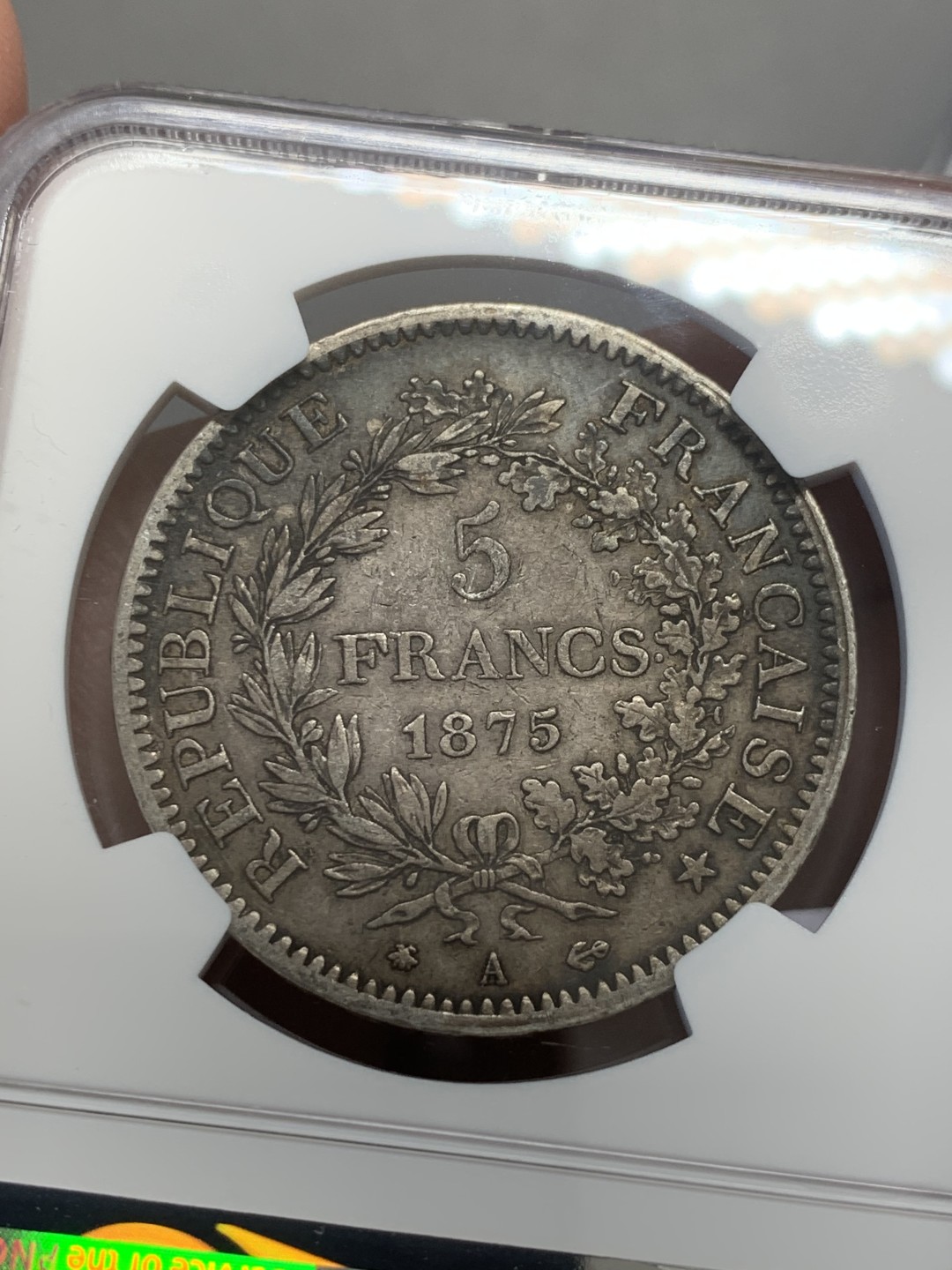 《竞宝斋》第131场-周日，周一连拍 (全场包邮) NGC-AU53 法国 1875年小a版 大力神 5法郎 银币 数量比1873年少太多