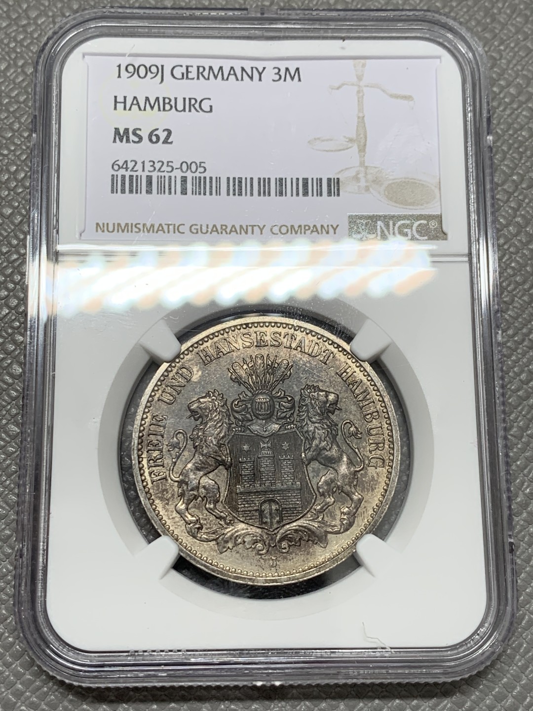 《竞宝斋》第131场-周日，周一连拍 (全场包邮) NGC MS62 1909年德国汉堡三马克黑彩原味品银币