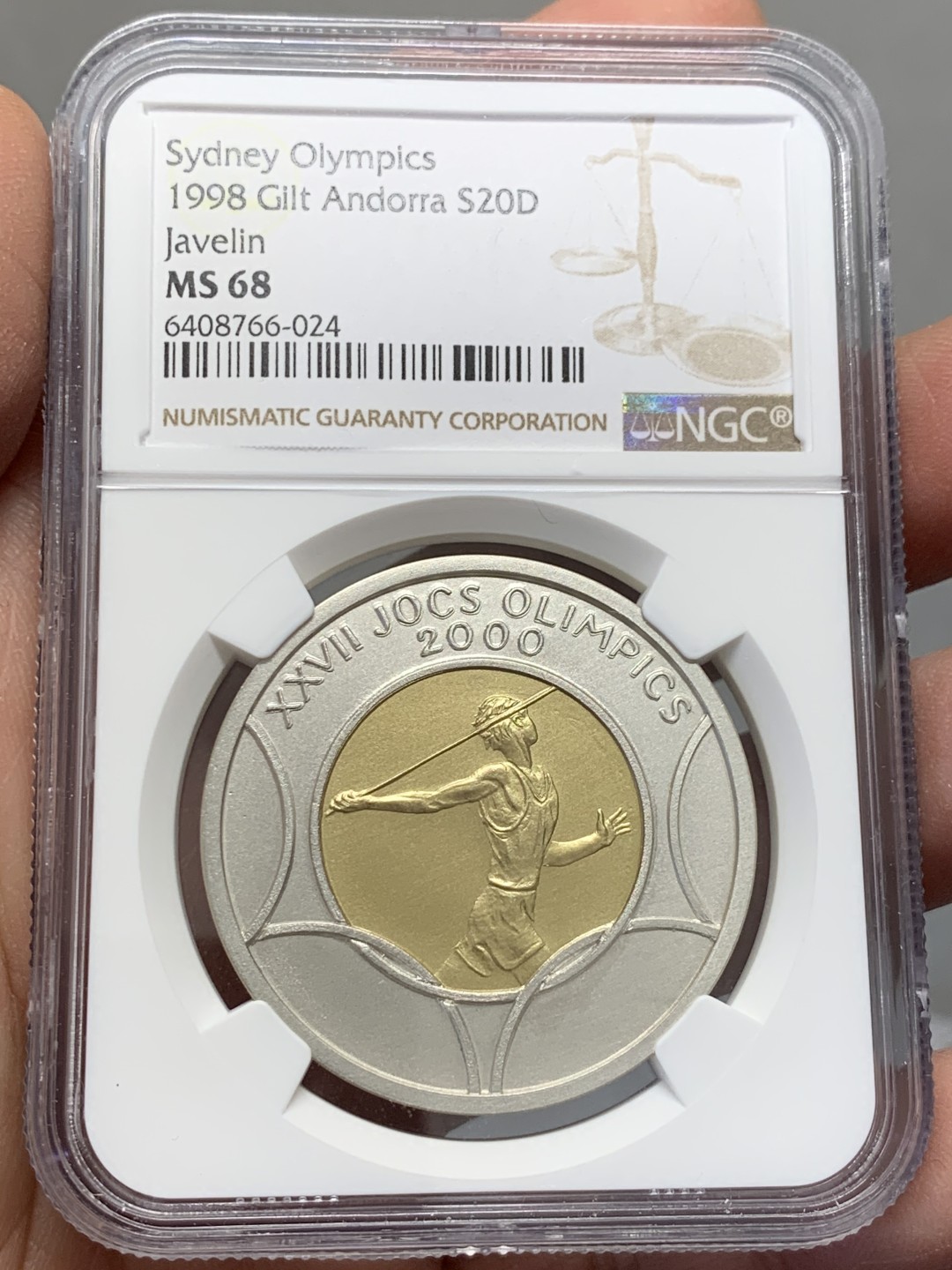 《竞宝斋》第131场-周日，周一连拍 (全场包邮) 唯一冠军分 NGC-MS68 安道尔1998年 悉尼奥运标枪 20第纳尔大银币 含金1.5克 非常稀少