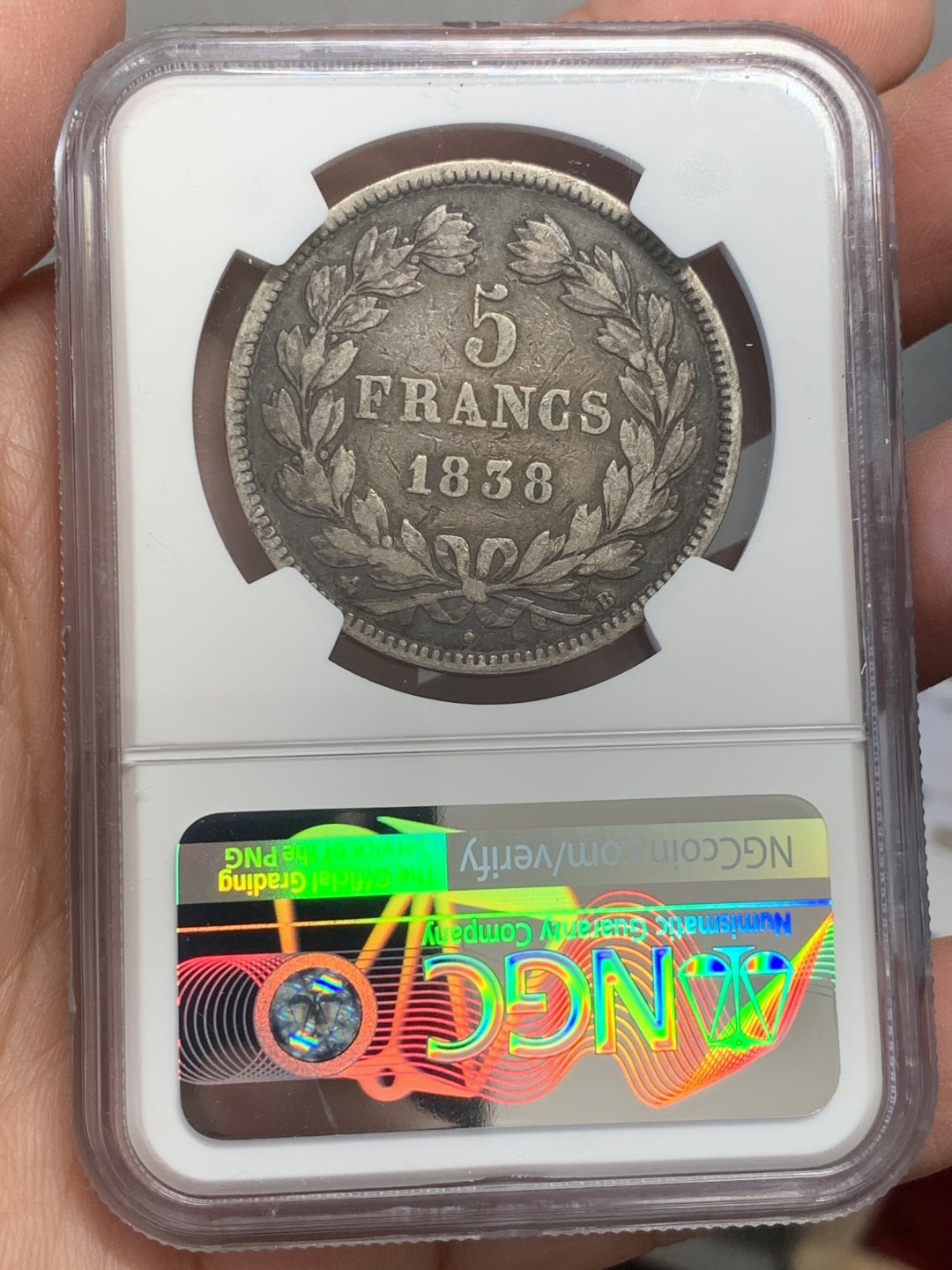《竞宝斋》第131场-周日，周一连拍 (全场包邮) NGC-VF30 法国 1838年B版 菲利普 5法郎 银币 原味包浆