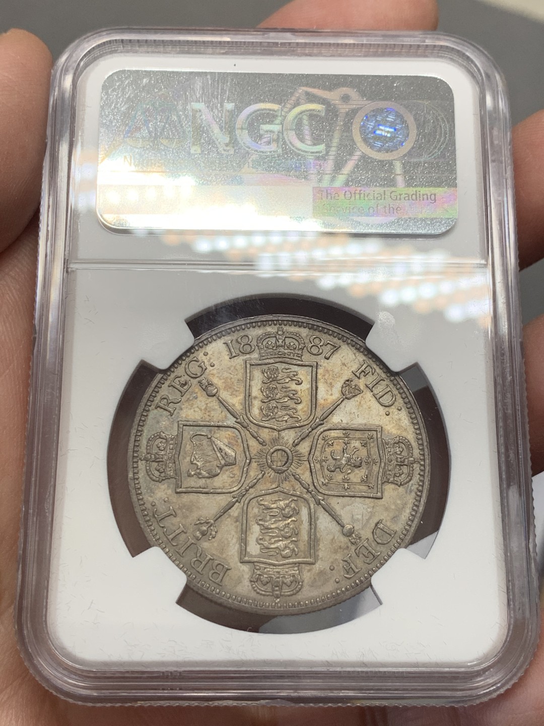 《竞宝斋》第131场-周日，周一连拍 (全场包邮) NGC AU55 英国1887年维多利亚高冠双弗洛林大银币罗马体