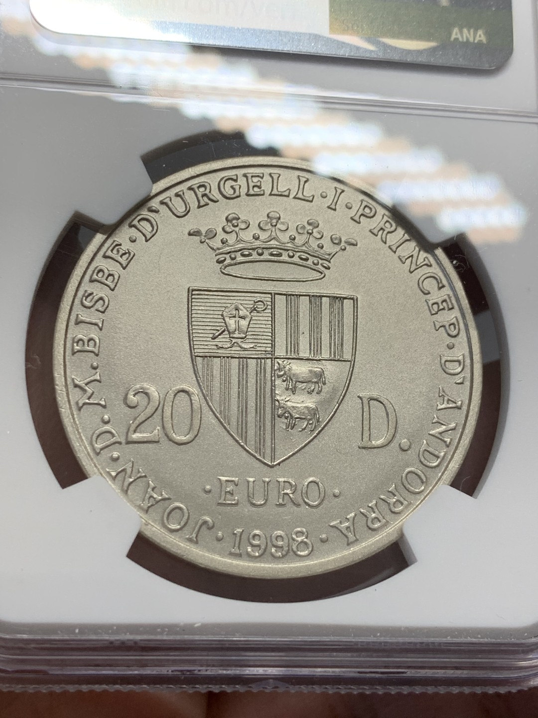 《竞宝斋》第131场-周日，周一连拍 (全场包邮) 唯一冠军分 NGC-MS69 安道尔1998年 人权宣言 20第纳尔大银币 含金1.5克 非常稀少