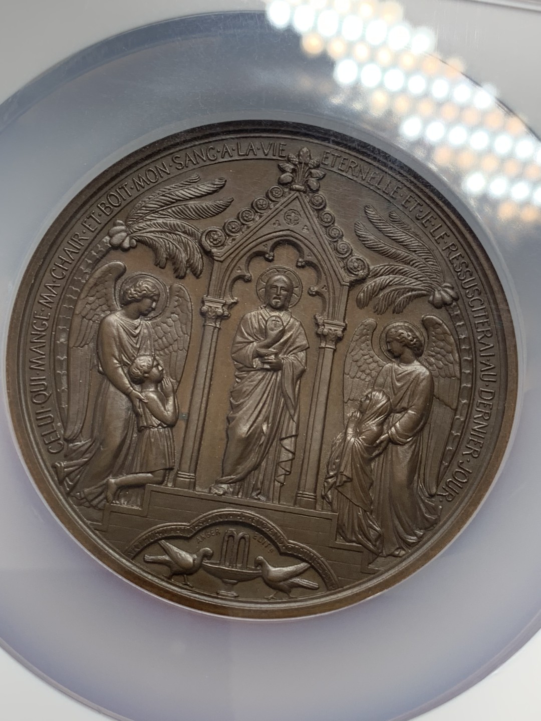 《竞宝斋》第131场-周日，周一连拍 (全场包邮) NGC MS65 1878年法国宗教洗礼大铜章 完美品相 收藏级 大盒封装