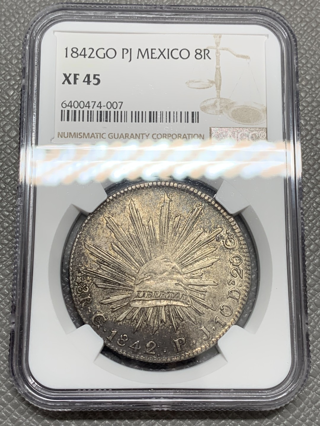 《竞宝斋》第131场-周日，周一连拍 (全场包邮) NGC-XF45墨西哥1842年8里亚尔鹰洋 少见早期鹰洋原味好品 银币