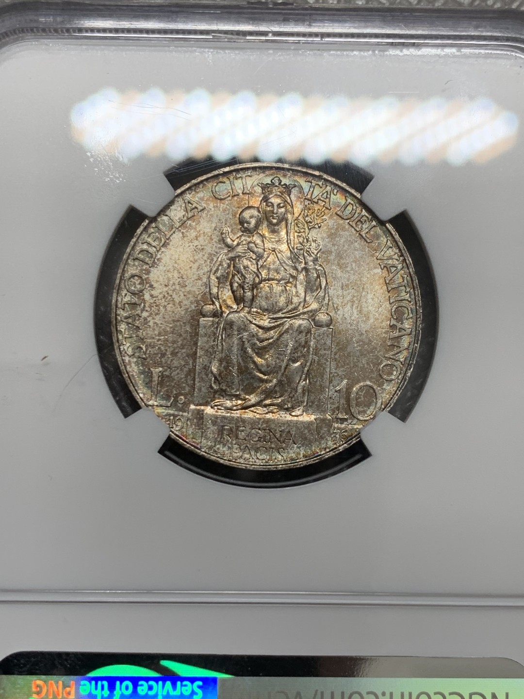 《竞宝斋》第131场-周日，周一连拍 (全场包邮) NGC MS62 梵蒂冈1936年10里拉银币 月牙彩包浆 新鲜出评