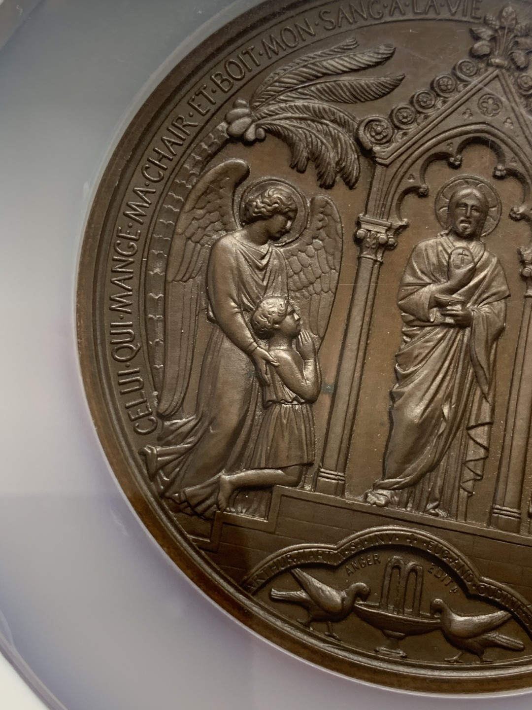 《竞宝斋》第131场-周日，周一连拍 (全场包邮) NGC MS65 1878年法国宗教洗礼大铜章 完美品相 收藏级 大盒封装