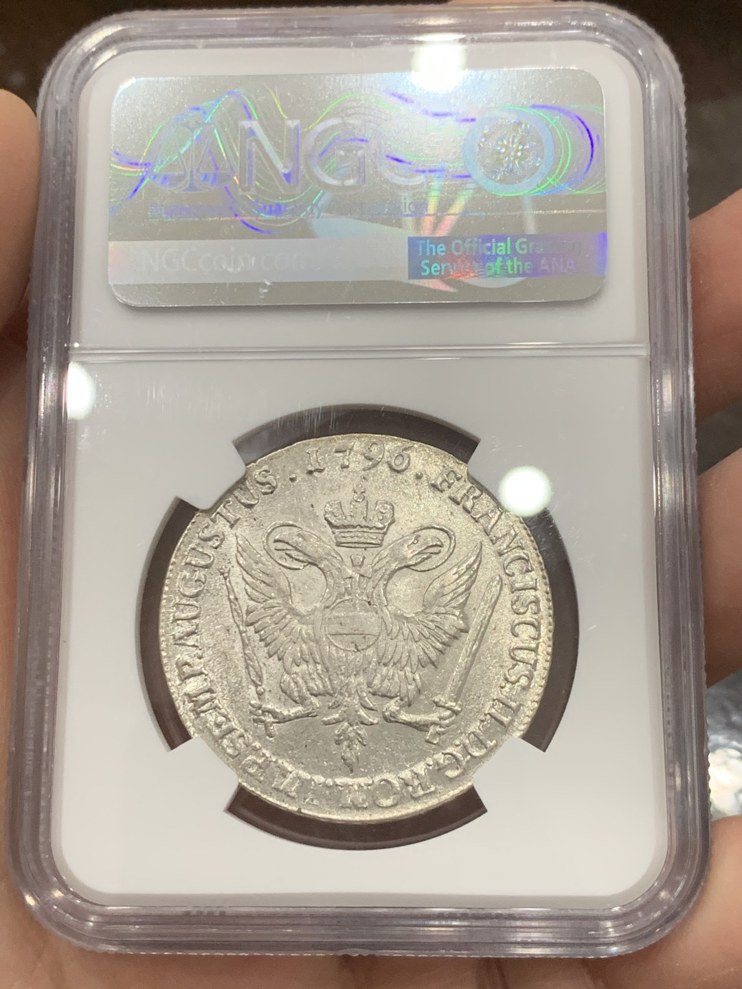 《竞宝斋》第131场-周日，周一连拍 (全场包邮) NGC-MS61 德国汉堡帝国自由市 1796年 32先令 早期双头鹰徽章 收藏级好状态