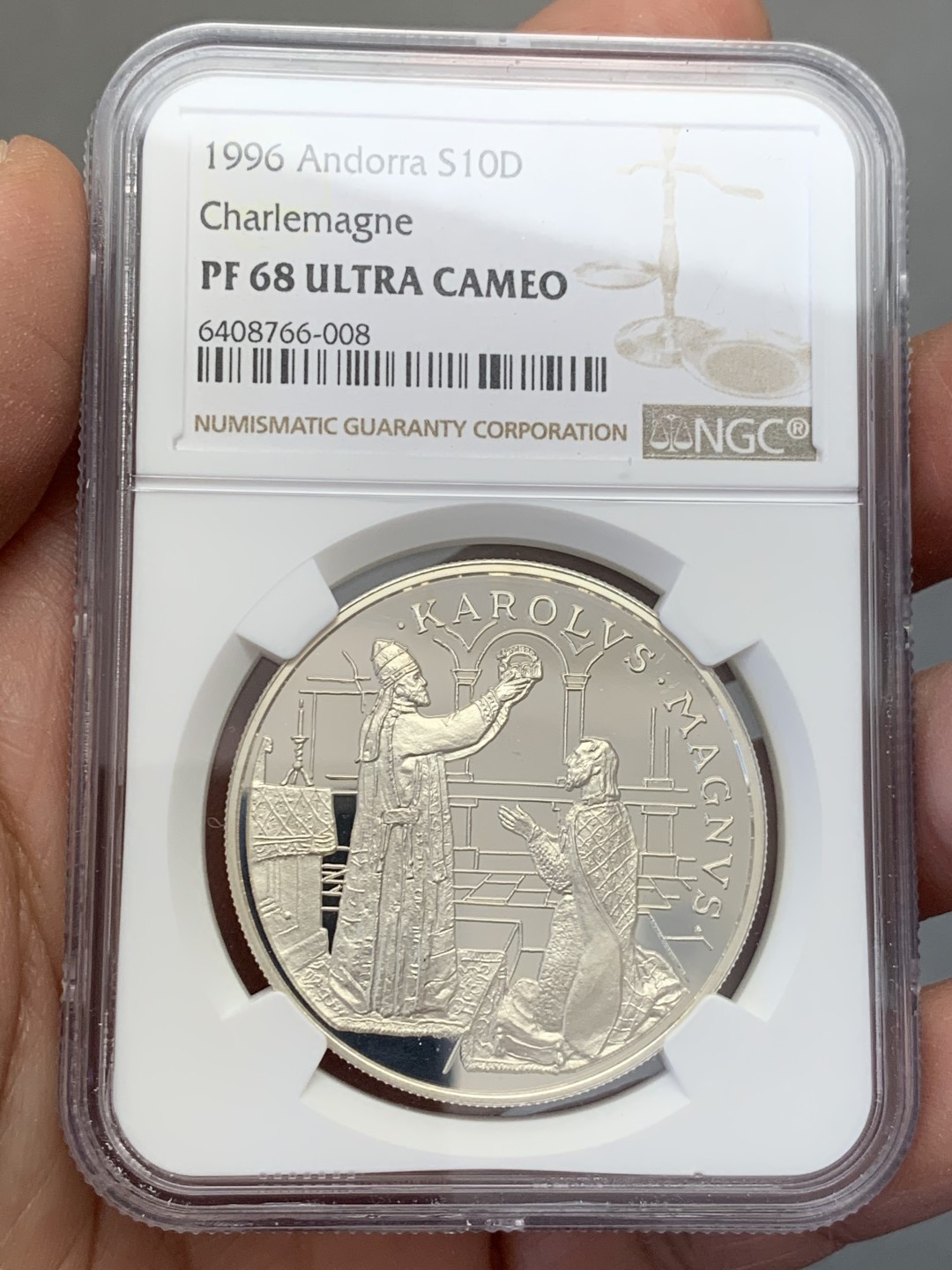 《竞宝斋》第131场-周日，周一连拍 (全场包邮) 冠军分 NGC-PF68 安道尔1996年 查理大帝加冕 10第纳尔精制大银币