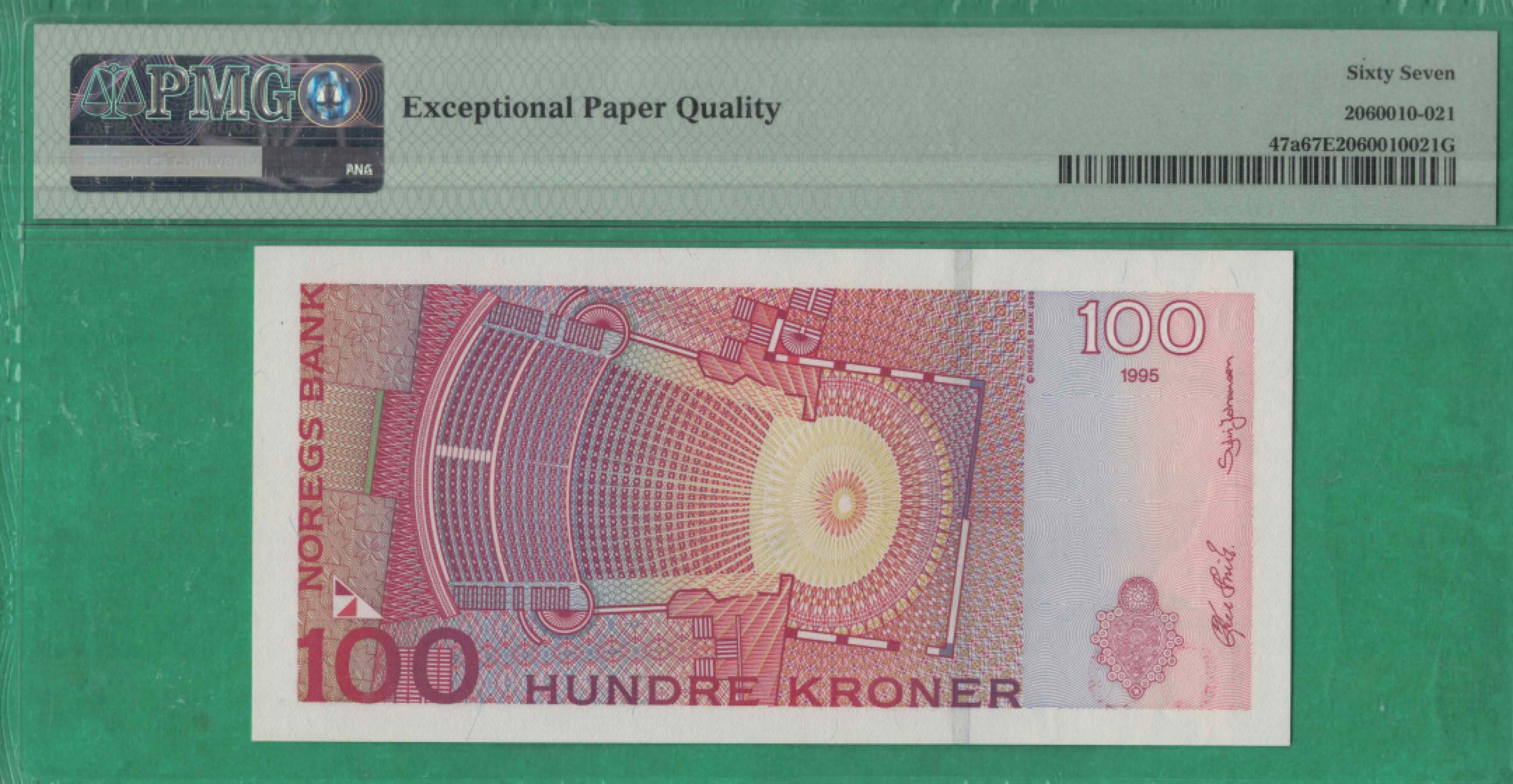 挪威100克朗 1995年(首发年份) P-47a 欧洲纸币 实物图 UNC