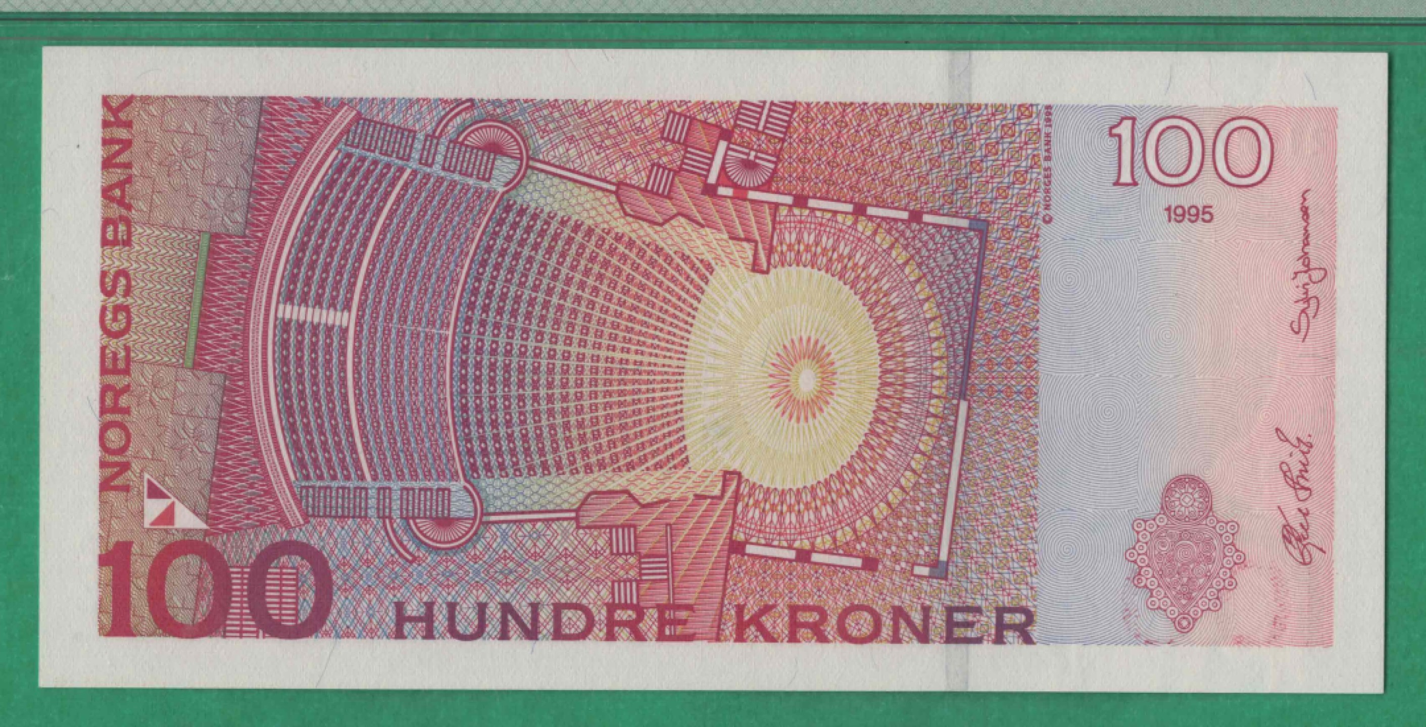 挪威100克朗 1995年(首发年份) P-47a 欧洲纸币 实物图 UNC