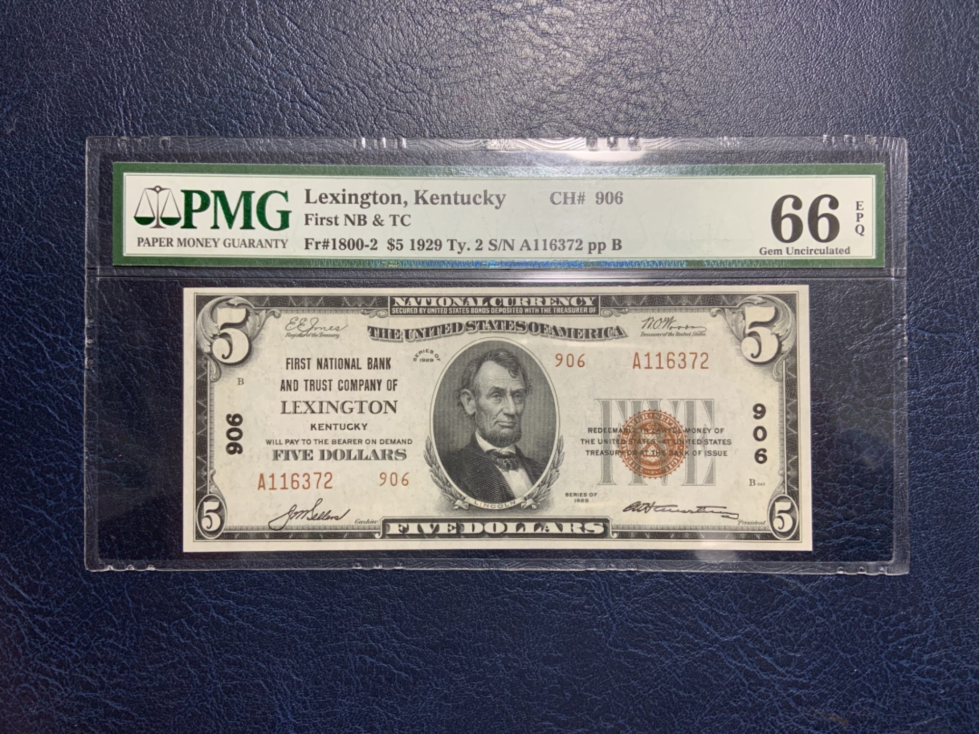 收藏联盟Quantum Auction 第229期拍卖 已更新 美国1929年国民券5元 PMG66 稀少 肯塔基州莱克星顿第一国民银行发行