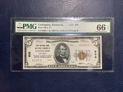 收藏联盟Quantum Auction 第229期拍卖 已更新 - 美国1929年国民券5元 PMG66 稀少 肯塔基州莱克星顿第一国民银行发行