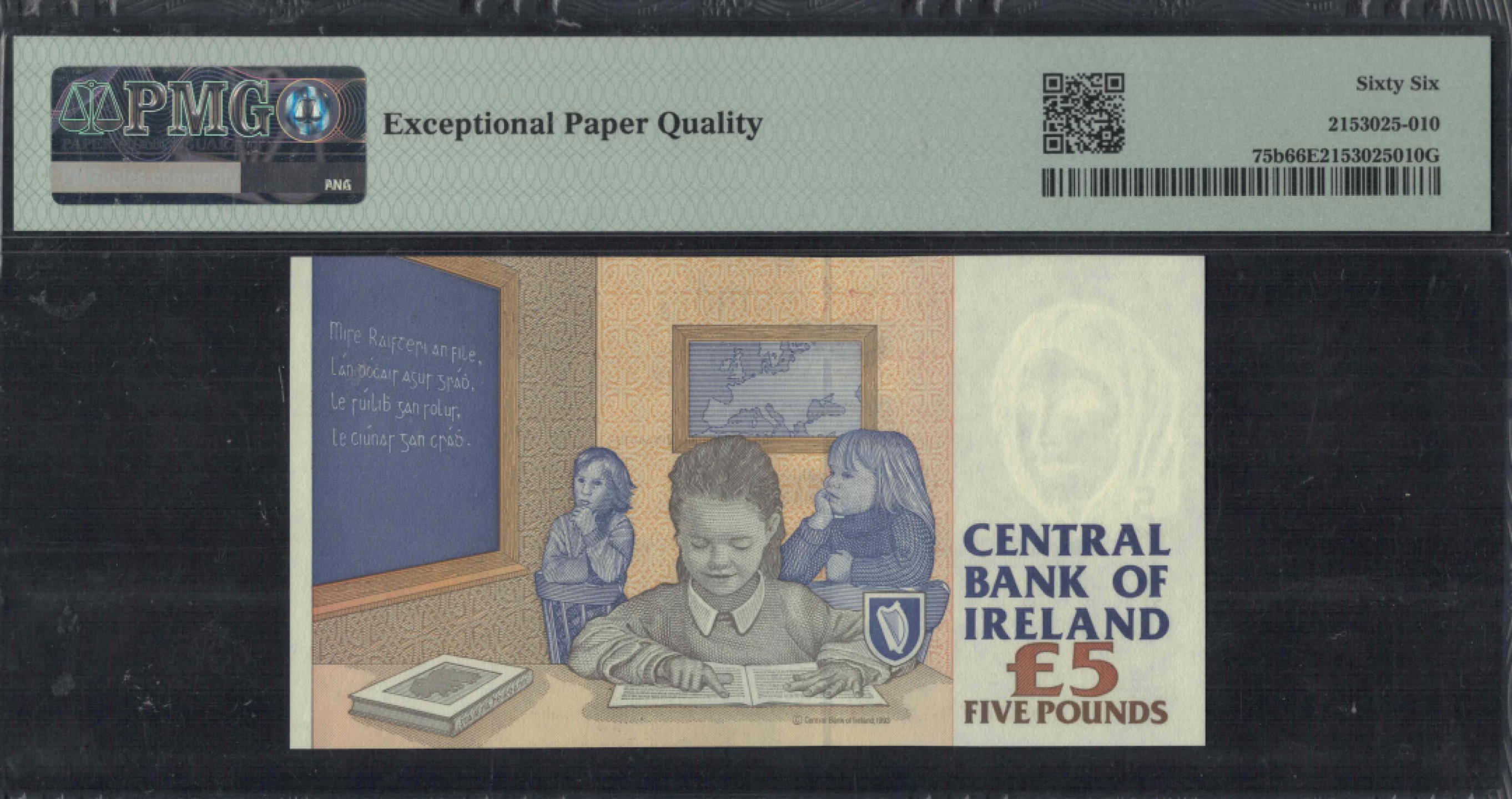 爱尔兰5镑 1994年版(1999年10月15日) P-75b 欧洲纸币 实物图 UNC