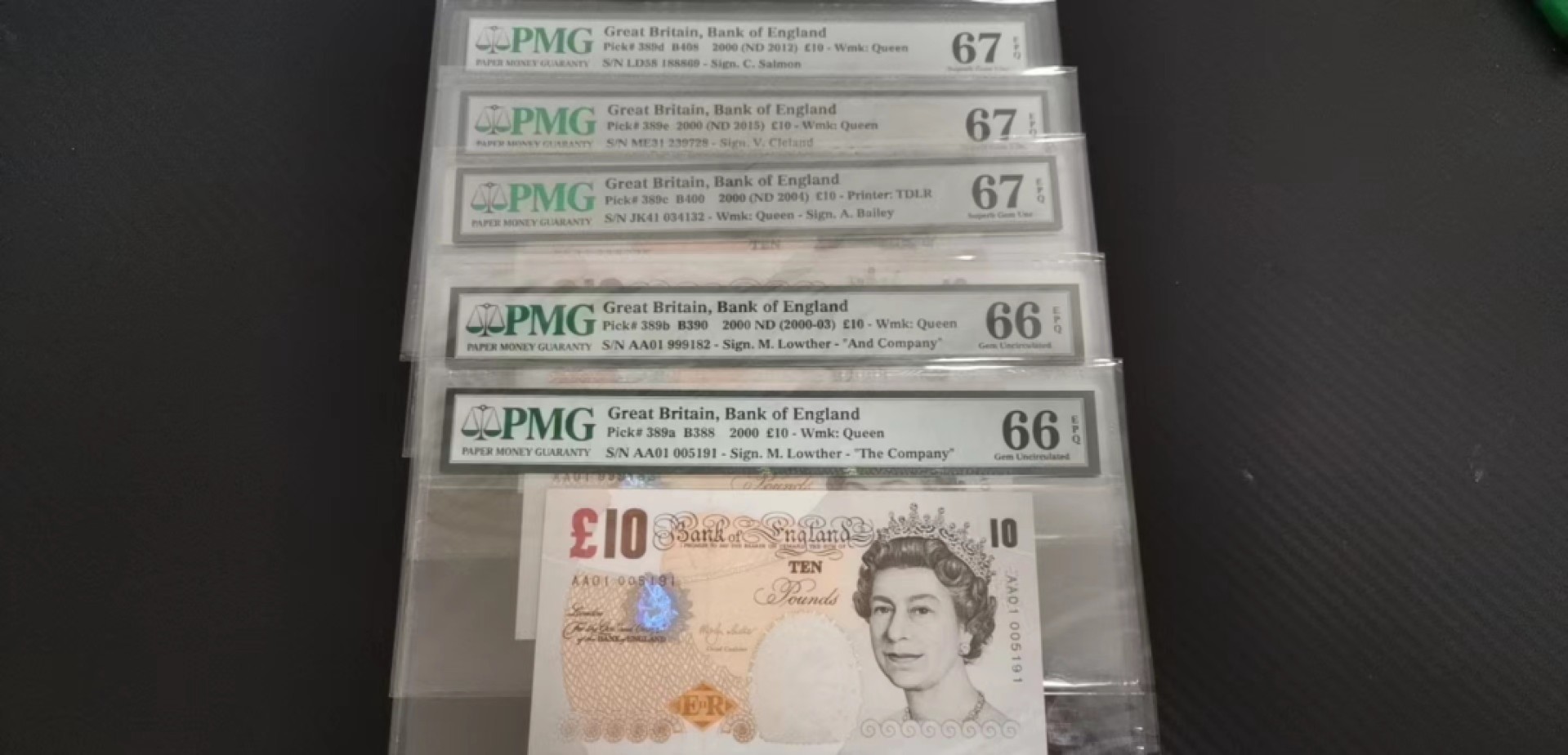 收藏联盟Quantum Auction 第229期拍卖 已更新 英国2000年版10英镑 PMG66-67 abcde5各版本 a和b版为AA01首发冠