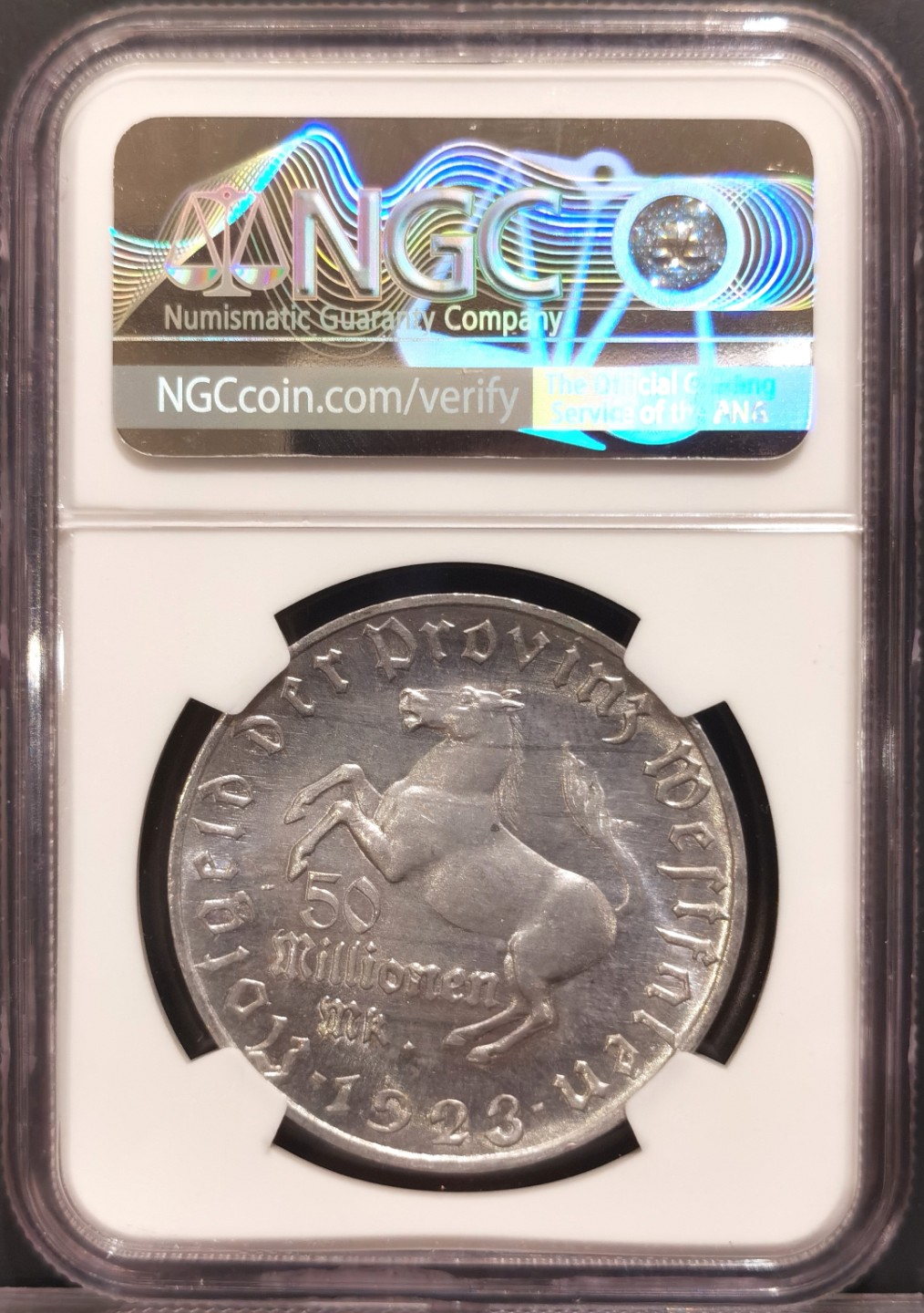 兔年首拍——博洋堂世界钱币拍卖第014期（全场包邮） NGC MS62 德国德紧时期1923年威斯特伐利亚马币5千万马克大铝币