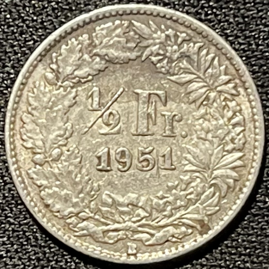 紫瑗钱币——第251期拍卖 瑞士 1951年 赫尔维蒂亚 1/2法郎 2.5克 0.835银