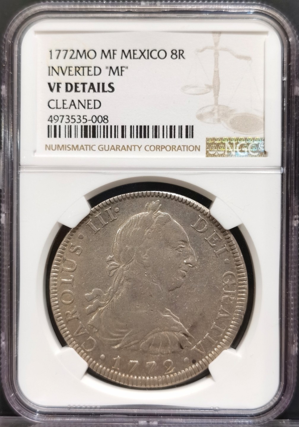 兔年首拍——博洋堂世界钱币拍卖第014期（全场包邮） NGC VF 西属墨西哥1772年卡洛斯三世双柱银币 倒“MF” 首年大热门 低评
