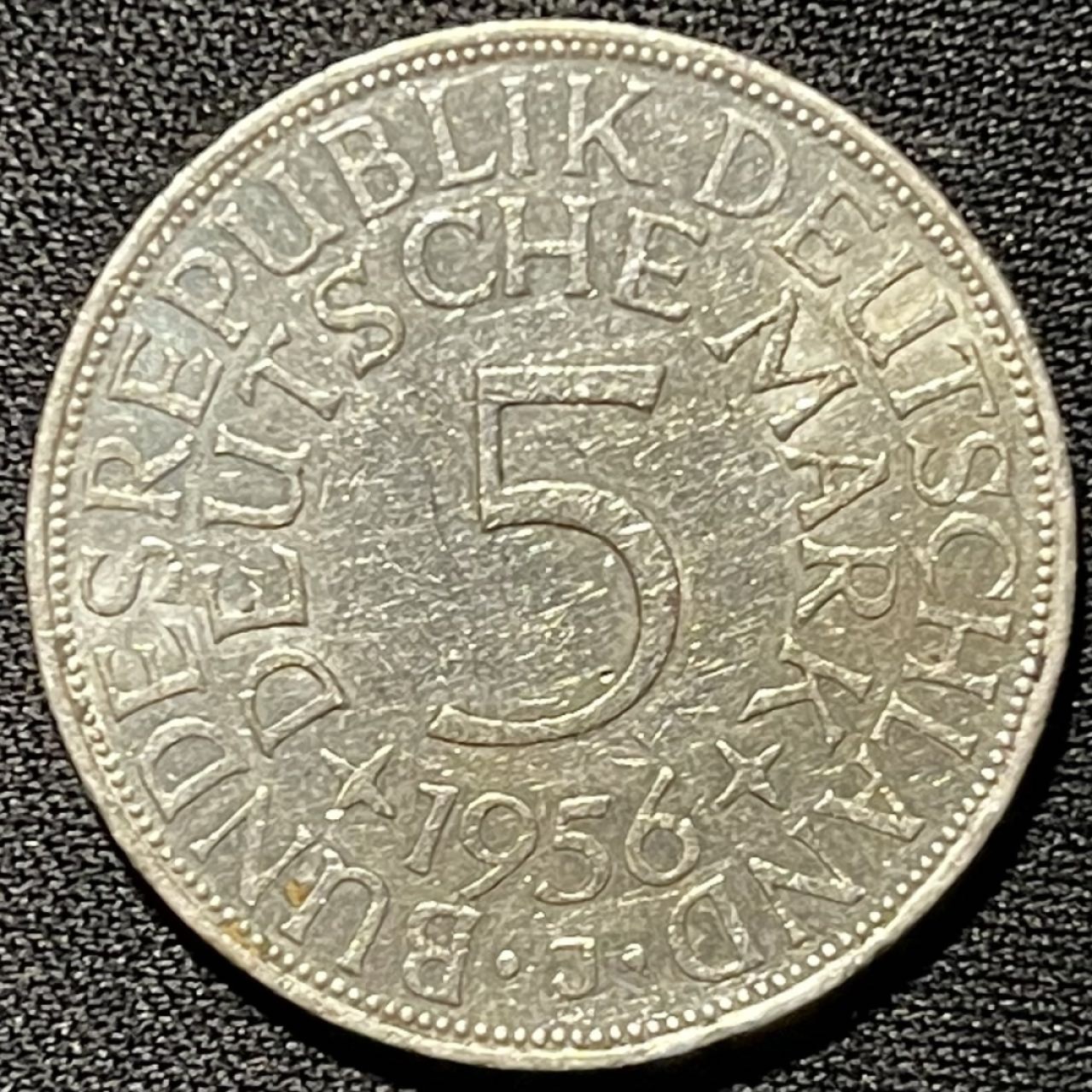 紫瑗钱币——第251期拍卖 联邦德国 1956年 J厂 流通 5马克 11.2 0.625银