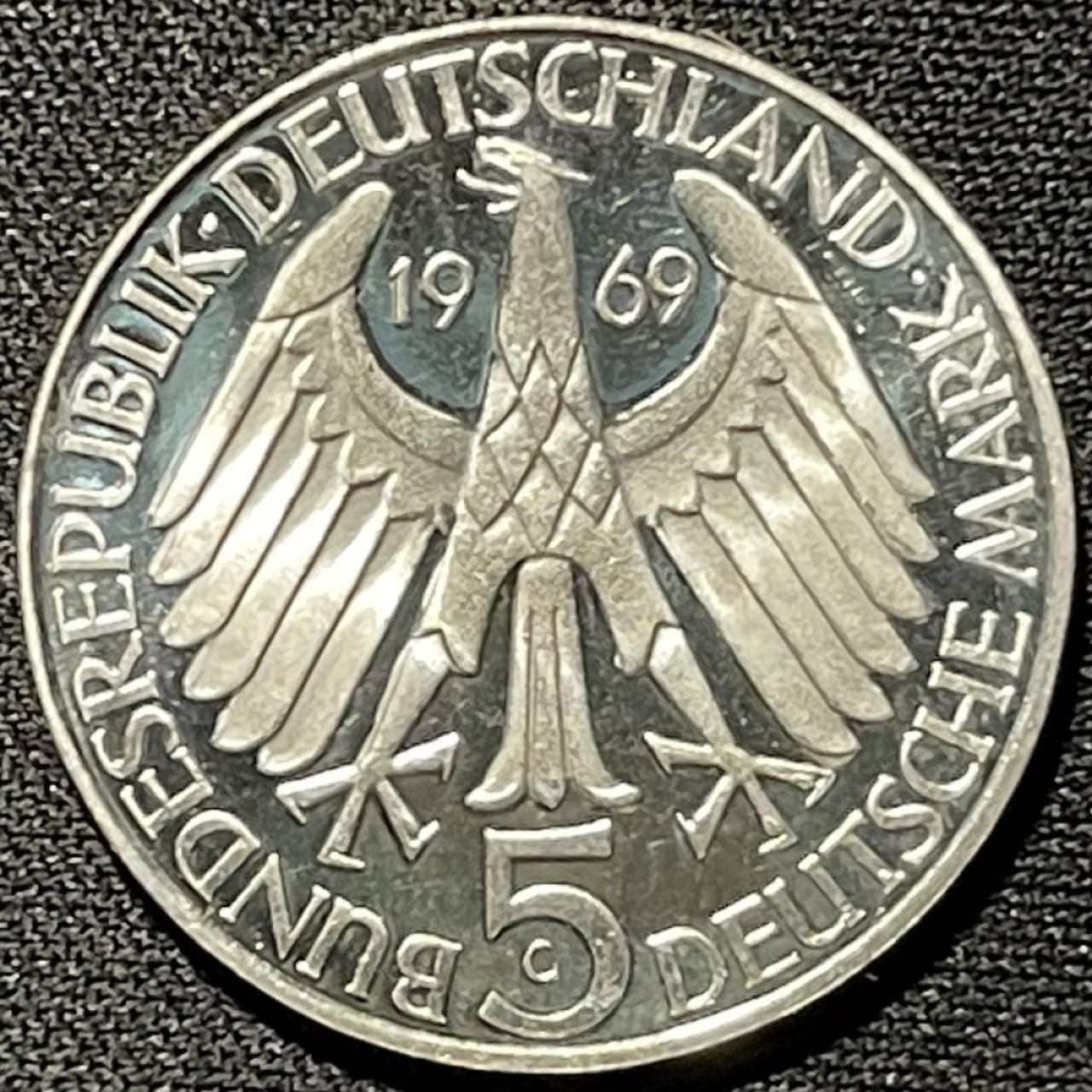 紫瑗钱币——第251期拍卖 联邦德国 1969年 G厂 诗人丰坦·西奥多诞辰150周年 5马克 11.2克 0.625银 精制