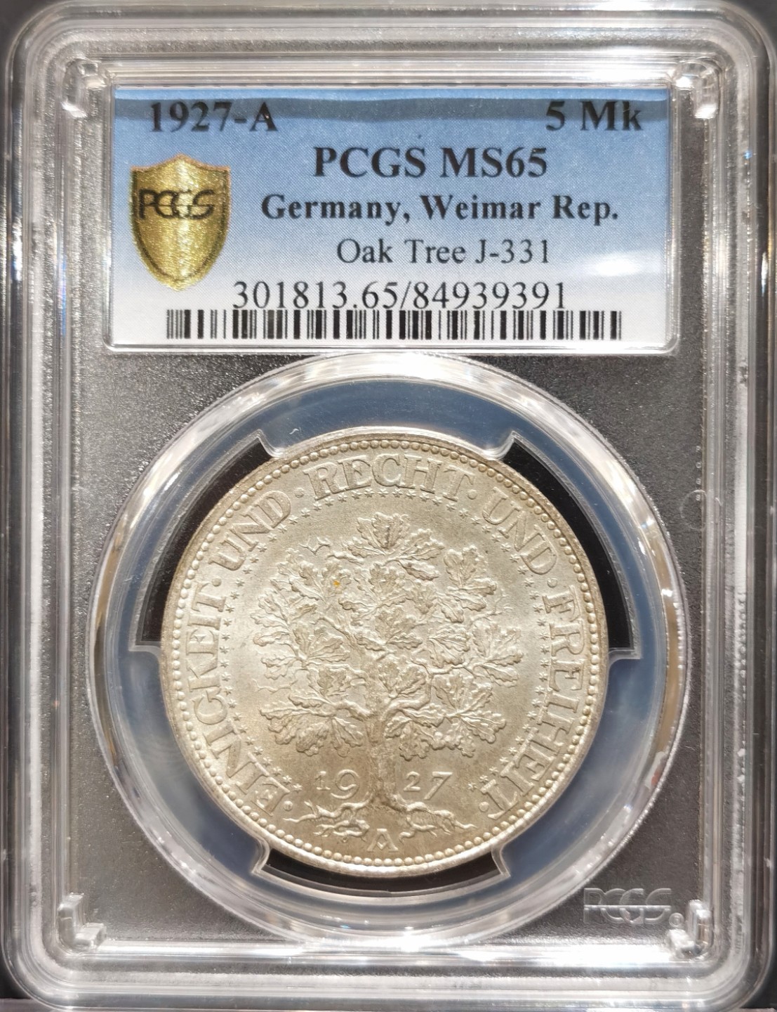 兔年首拍——博洋堂世界钱币拍卖第014期（全场包邮） PCGS MS65 德国魏玛共和国1927年A版橡树5马克纪念银币，高分名誉品