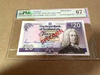 【Blue Auction】✨世界纸币精拍第285期——元宵节专场【精】 - 【冠军分 仅2张 初版 当时银行总经理Maiden亲笔签名 非常少见】苏格兰 1987年20镑 PMG67EPQ 高分样钞 首任总裁艾莱勋爵大卷毛 紫色基调非常漂亮 