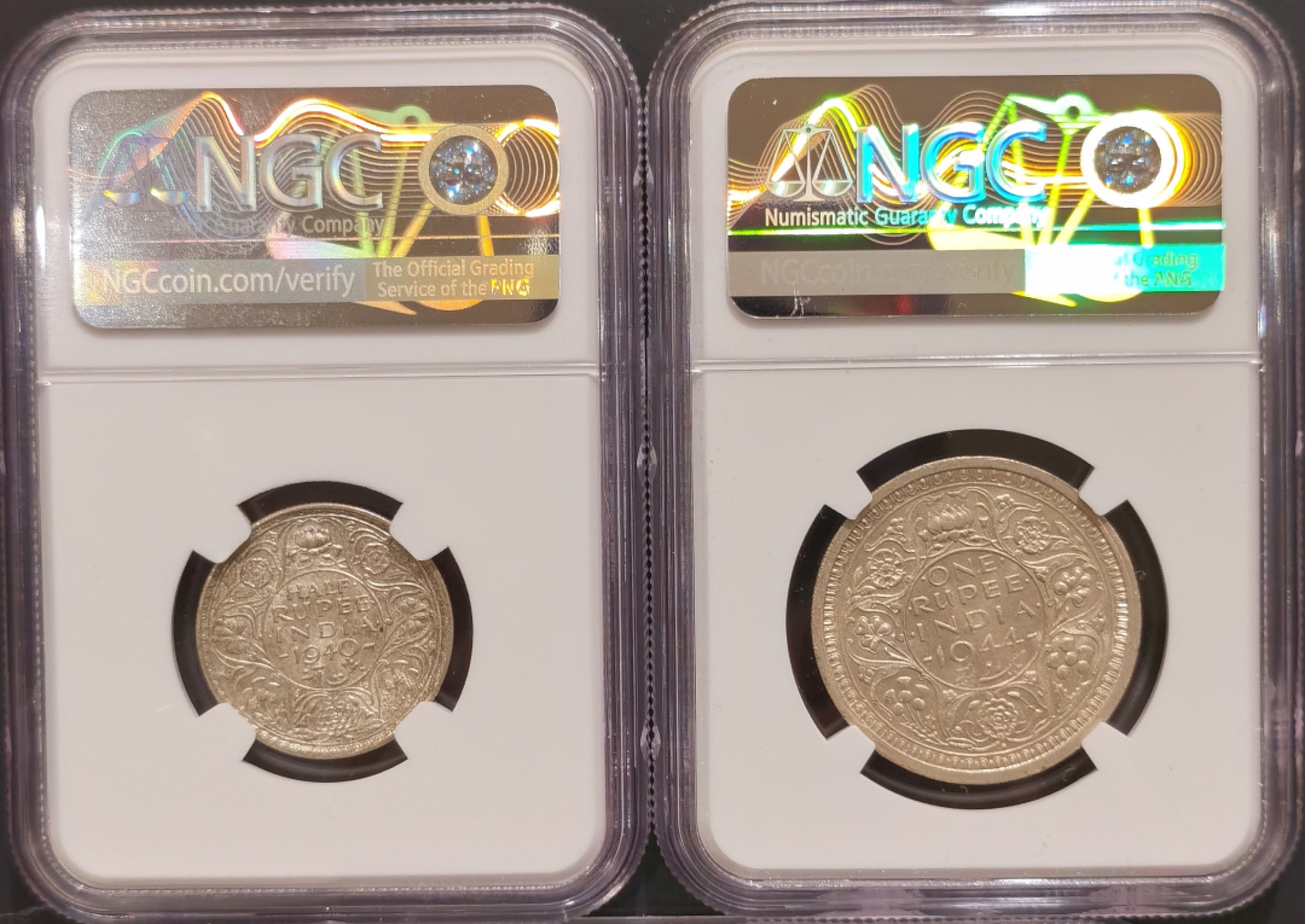 兔年首拍——博洋堂世界钱币拍卖第014期（全场包邮） NGC MS63 英属印度1940年，1944年乔治六世1/2卢比，1卢比银币一对