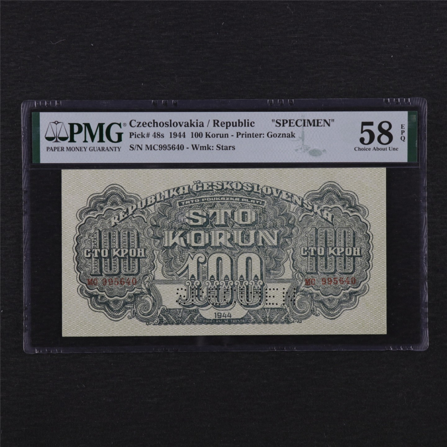 【亘邦集藏】148期拍卖 1944年 捷克斯洛伐克100克朗 票样 PMG 58EPQ 995640