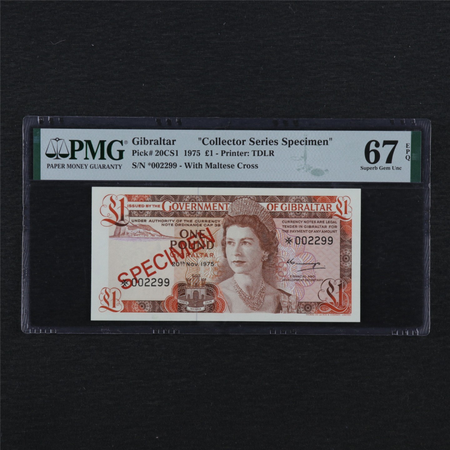 【亘邦集藏】148期拍卖 1975年 直布罗陀1镑 票样 PMG 67EPQ 002299/2051457-026