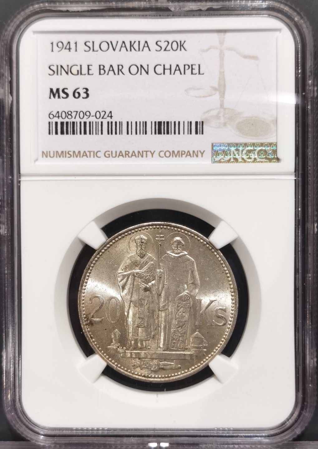 兔年首拍——博洋堂世界钱币拍卖第014期（全场包邮） NGC MS63 1941年斯洛伐克双主教20克朗银币
