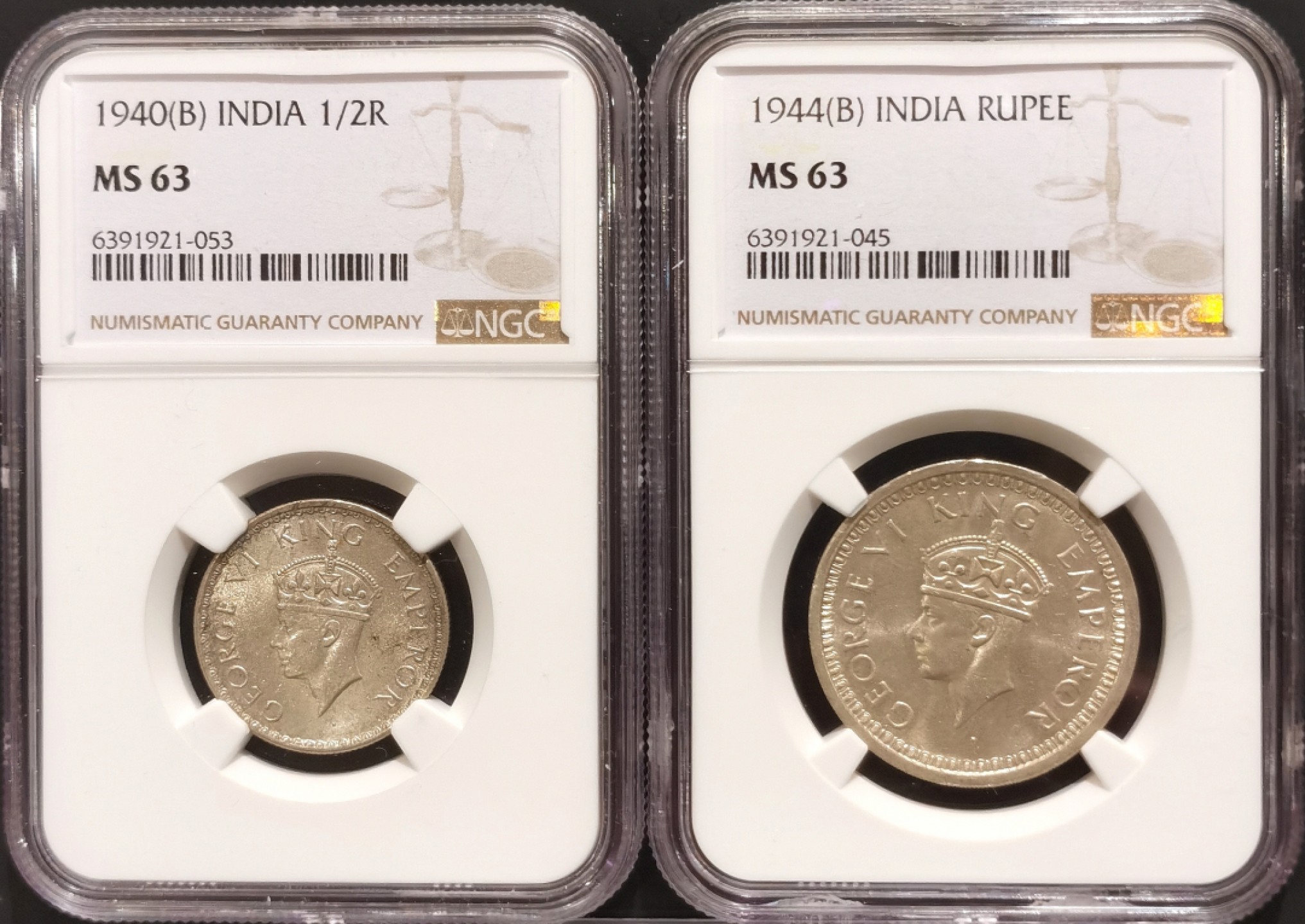 兔年首拍——博洋堂世界钱币拍卖第014期（全场包邮） NGC MS63 英属印度1940年，1944年乔治六世1/2卢比，1卢比银币一对