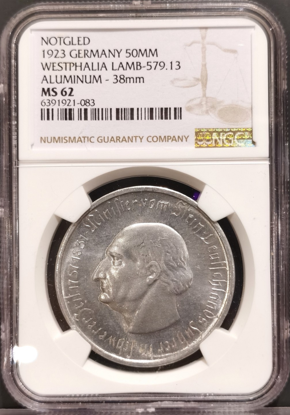 兔年首拍——博洋堂世界钱币拍卖第014期（全场包邮） NGC MS62 德国德紧时期1923年威斯特伐利亚马币5千万马克大铝币