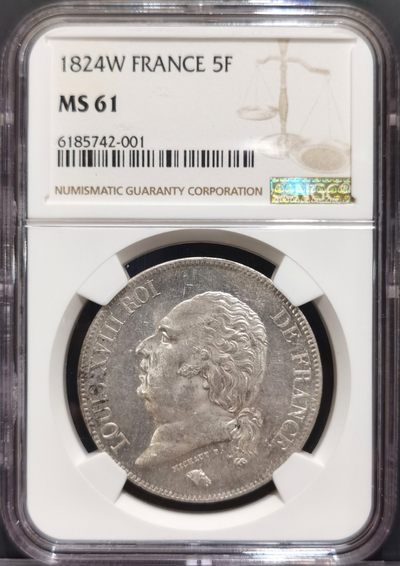 兔年首拍——博洋堂世界钱币拍卖第014期（全场包邮） - NGC MS61 1824年法国路易十八W版5法郎银币