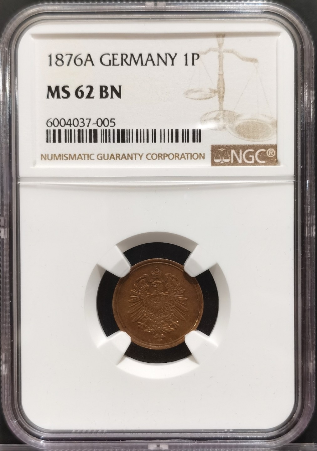 兔年首拍——博洋堂世界钱币拍卖第014期（全场包邮） NGC MS62BN，AU58BN 德国短翅1876年1芬尼，1875年2芬尼铜币一对，短翅辅币好品较少见，2芬尼低评，MS状态