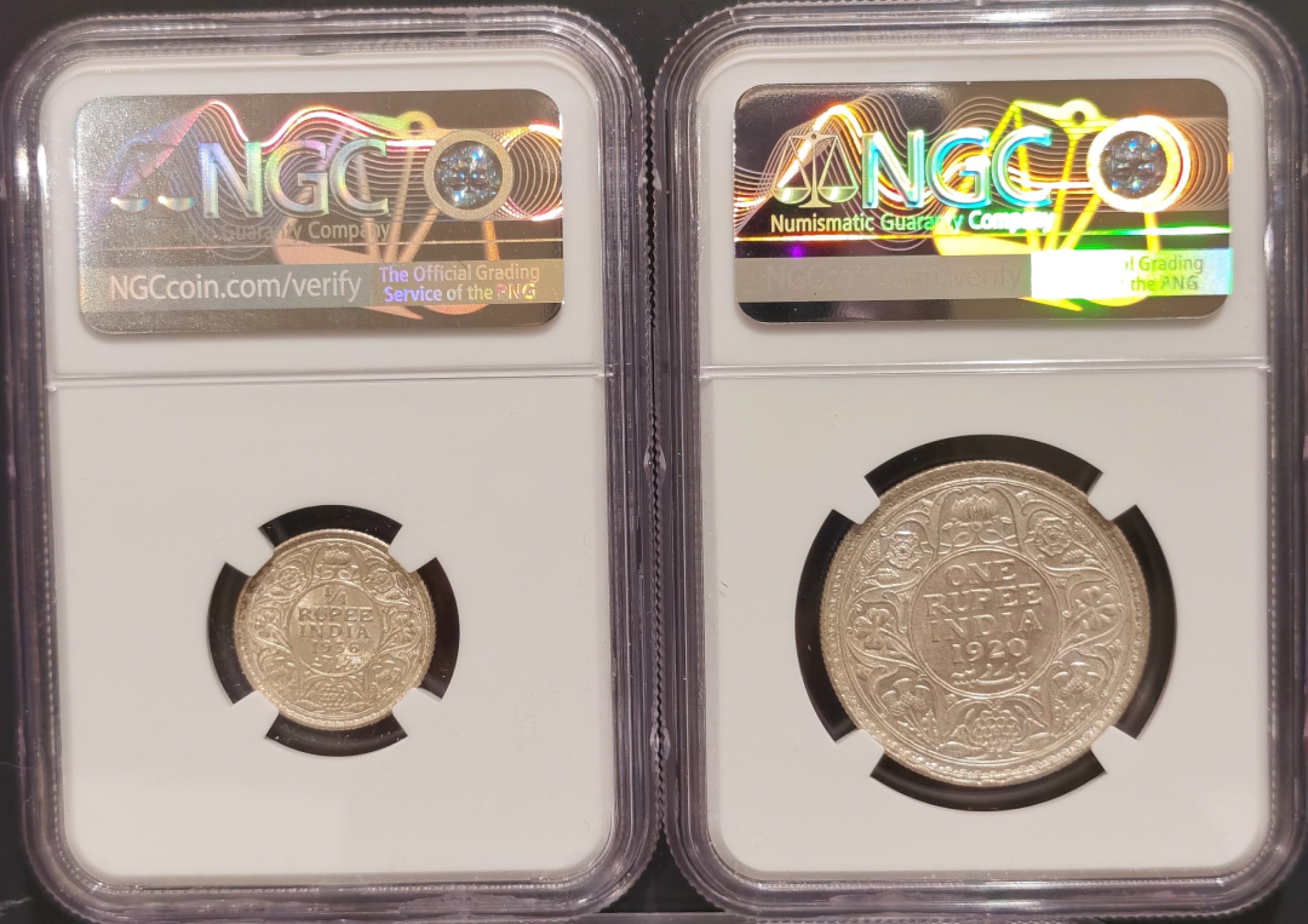 兔年首拍——博洋堂世界钱币拍卖第014期（全场包邮） NGC MS62 英属印度1936年，1920年乔治五世1/4卢比，1卢比银币一对