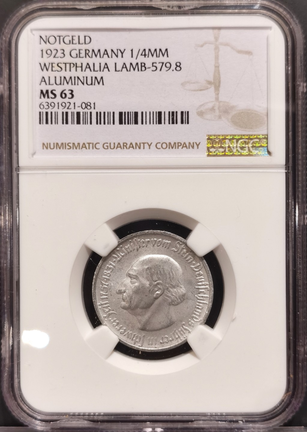 兔年首拍——博洋堂世界钱币拍卖第014期（全场包邮） NGC MS63 德国德紧时期1923年威斯特伐利亚马币1/4百万马克铝币