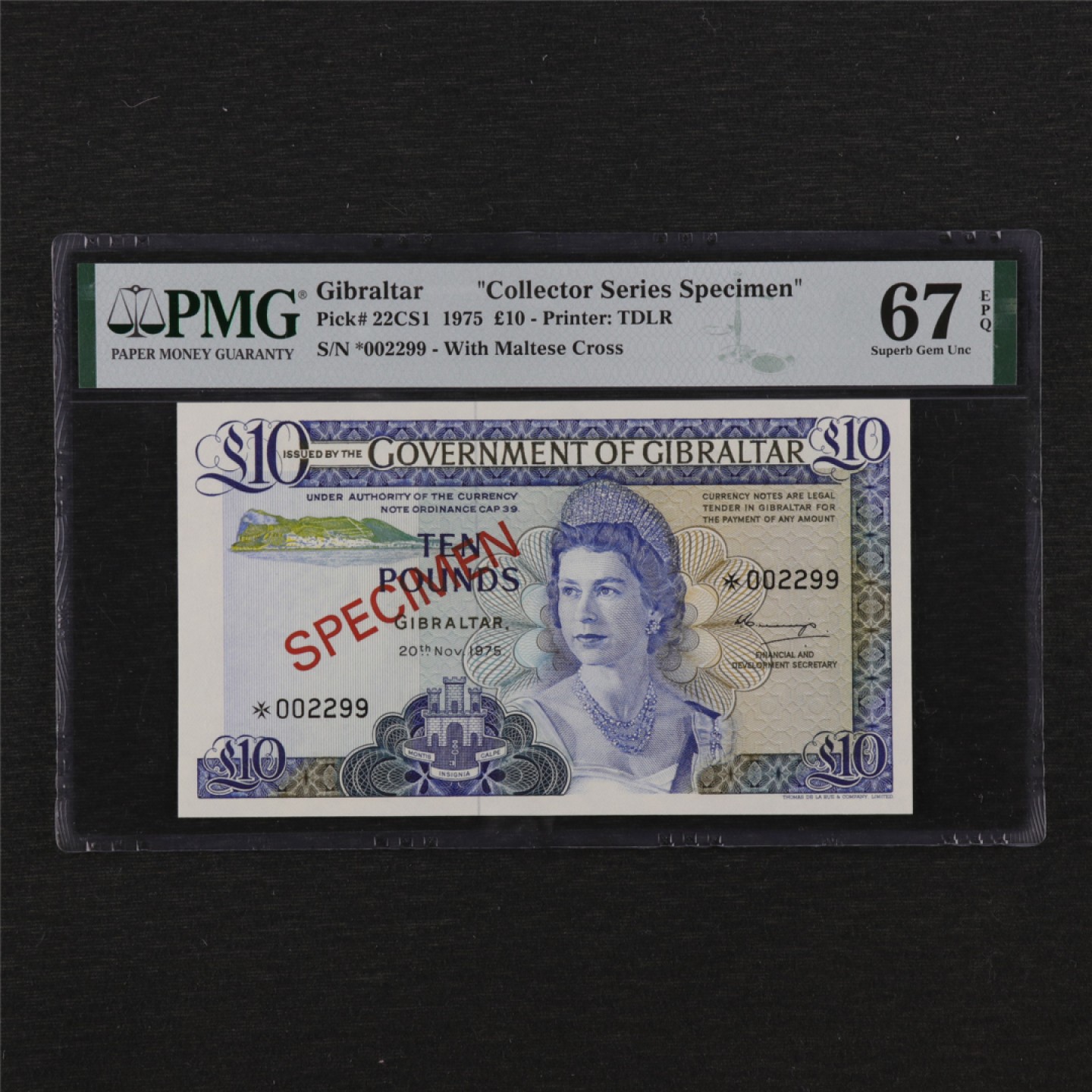 【亘邦集藏】148期拍卖 1975年 直布罗陀10镑 票样 PMG 67EPQ 002299/2051457-030
