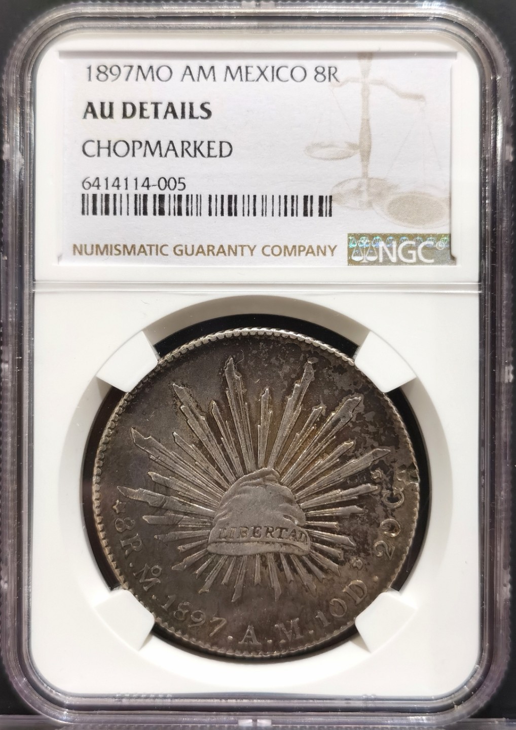 兔年首拍——博洋堂世界钱币拍卖第014期（全场包邮） NGC AU 墨西哥1897年MO AM版花边鹰洋