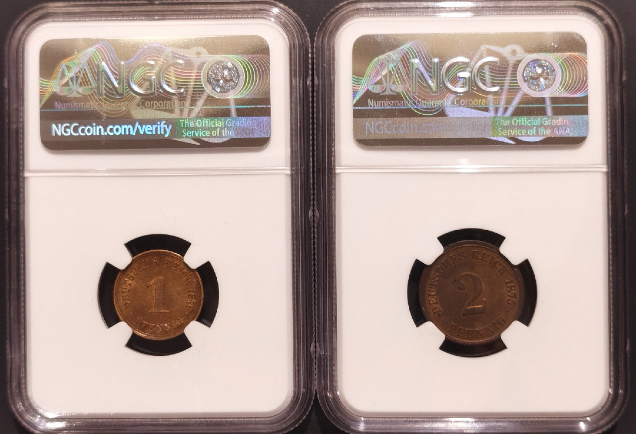 兔年首拍——博洋堂世界钱币拍卖第014期（全场包邮） NGC MS62BN，AU58BN 德国短翅1876年1芬尼，1875年2芬尼铜币一对，短翅辅币好品较少见，2芬尼低评，MS状态