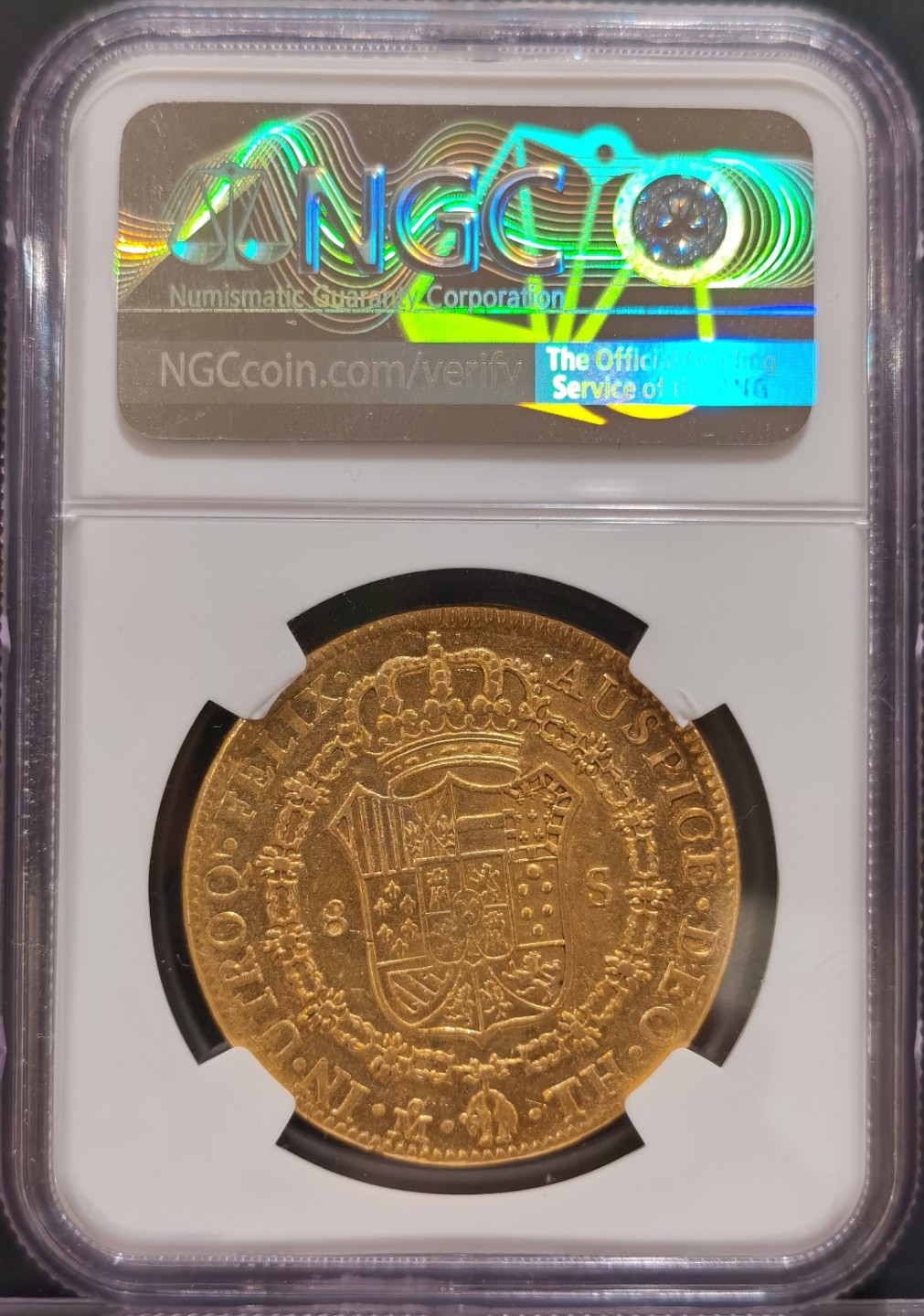 兔年首拍——博洋堂世界钱币拍卖第014期（全场包邮） NGC AU55 1807年西属墨西哥8埃斯库多金币 墨西哥金币价格在殖民地中仅次于危地马拉，这枚整体周正深打无铸缺，光度也非常不错，同分中所见最佳