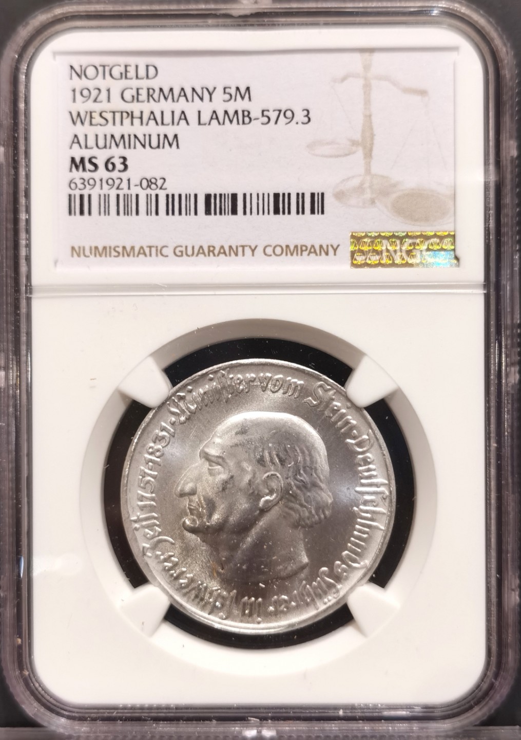 兔年首拍——博洋堂世界钱币拍卖第014期（全场包邮） NGC MS63 德国德紧时期1921年威斯特伐利亚马币5马克铝币